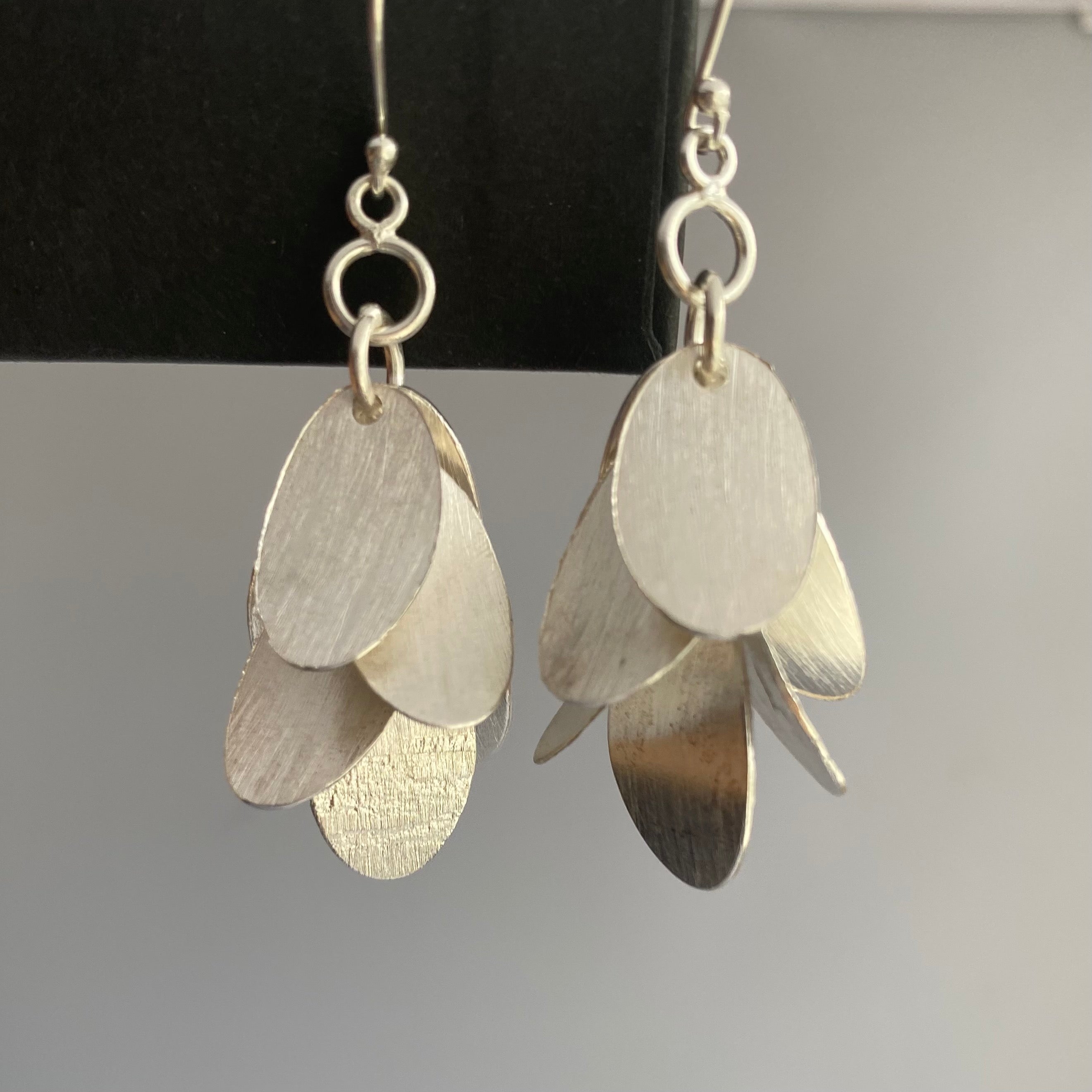 Falling Leaves Brushed Silver Long Dangle Earrings