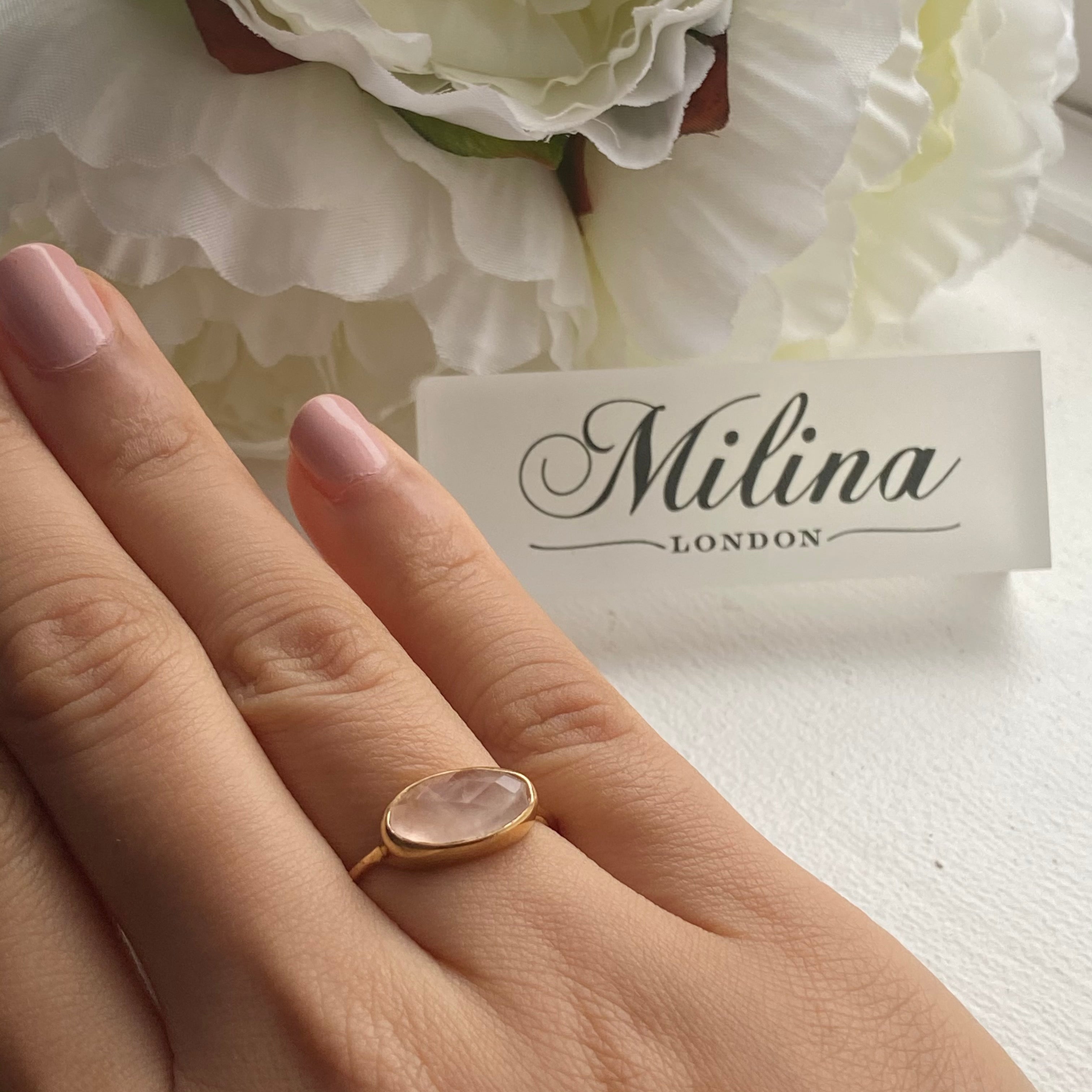 Faceted Oval Cut Natural Gemstone Gold Plated Sterling Silver Fine Band Ring - Rose Quartz