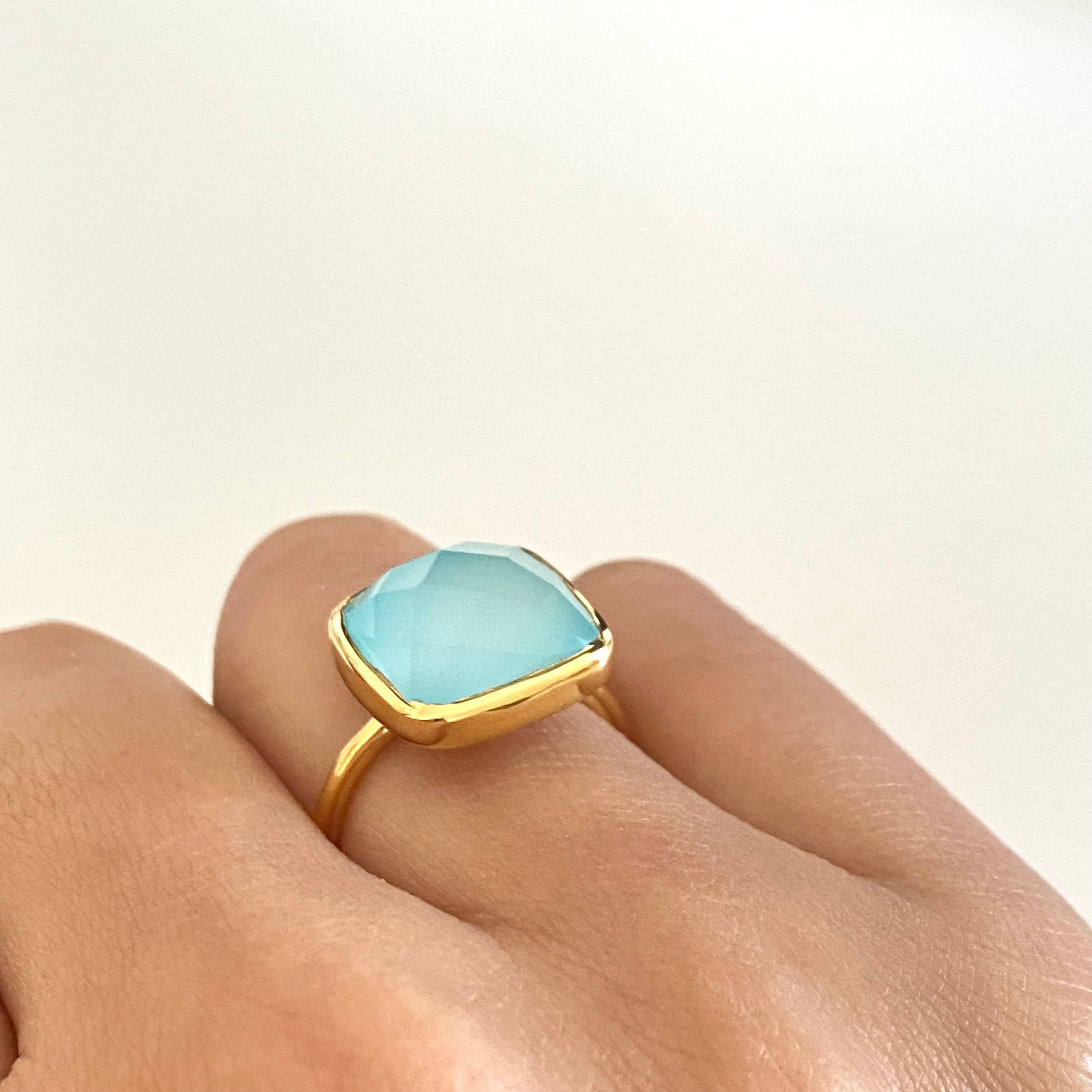 Aqua Chalcedony Gold Plated Silver Ring with Square Semiprecious Stone 