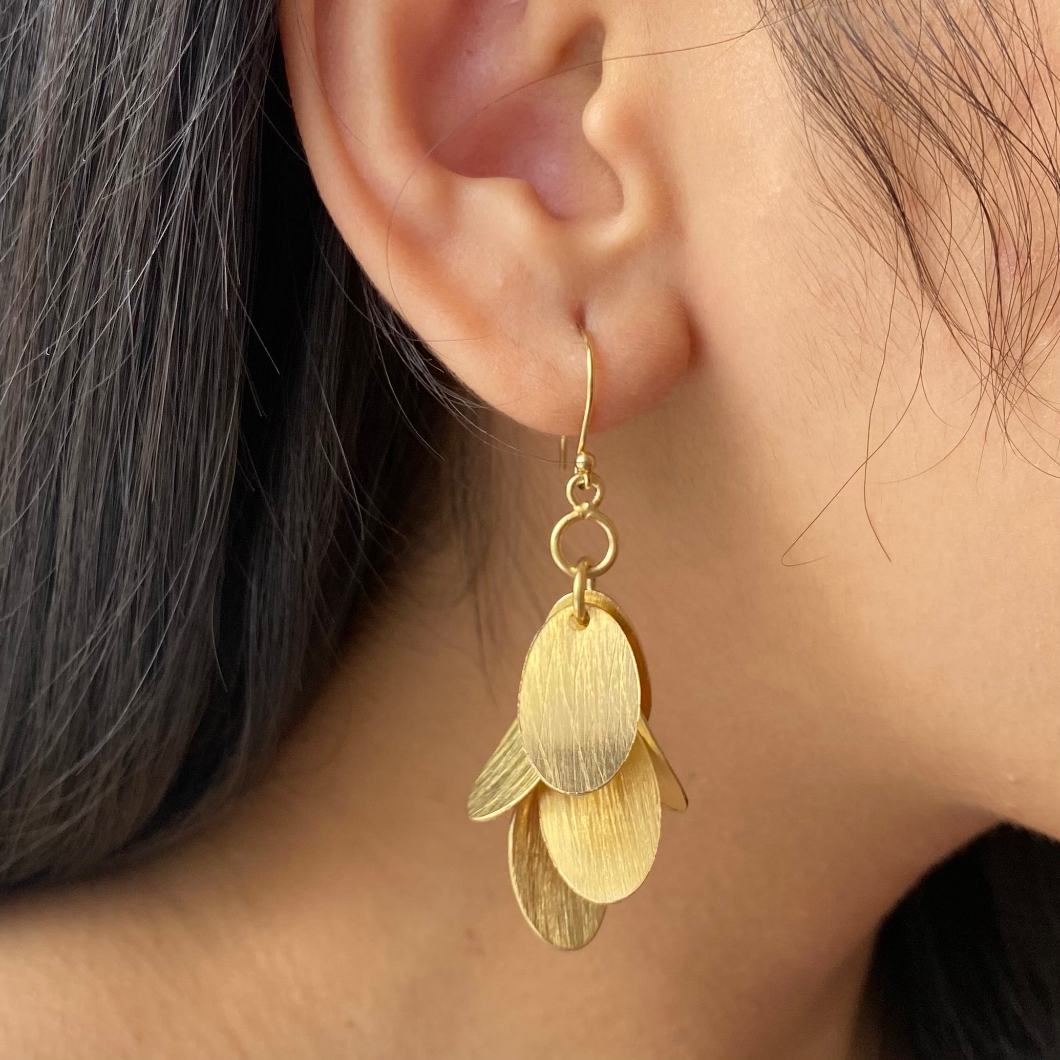 Falling Leaves Brushed Gold Plated Silver Long Dangle Earrings