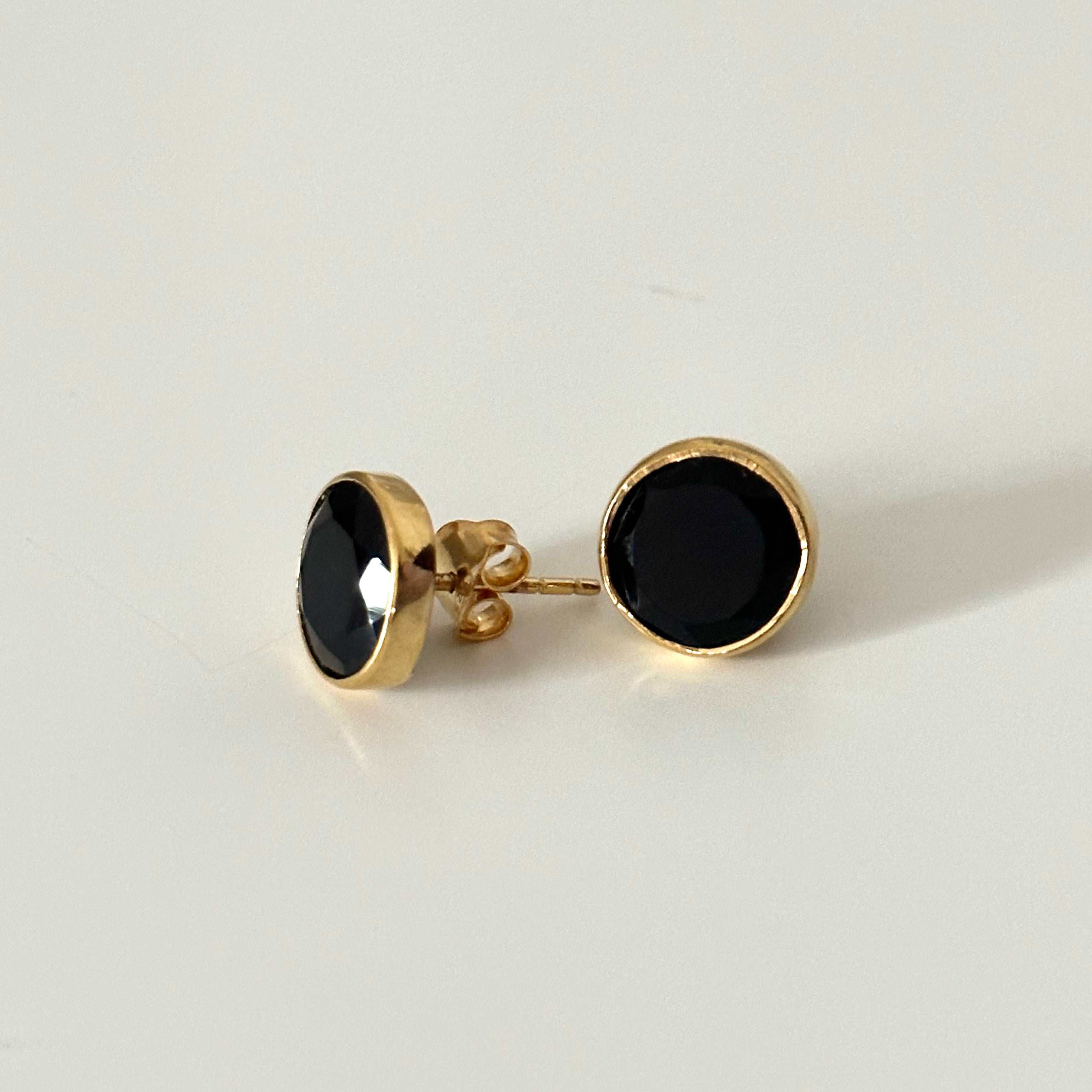 Black Onyx Studs in Gold Plated Sterling Silver with a Round Faceted Gemstone