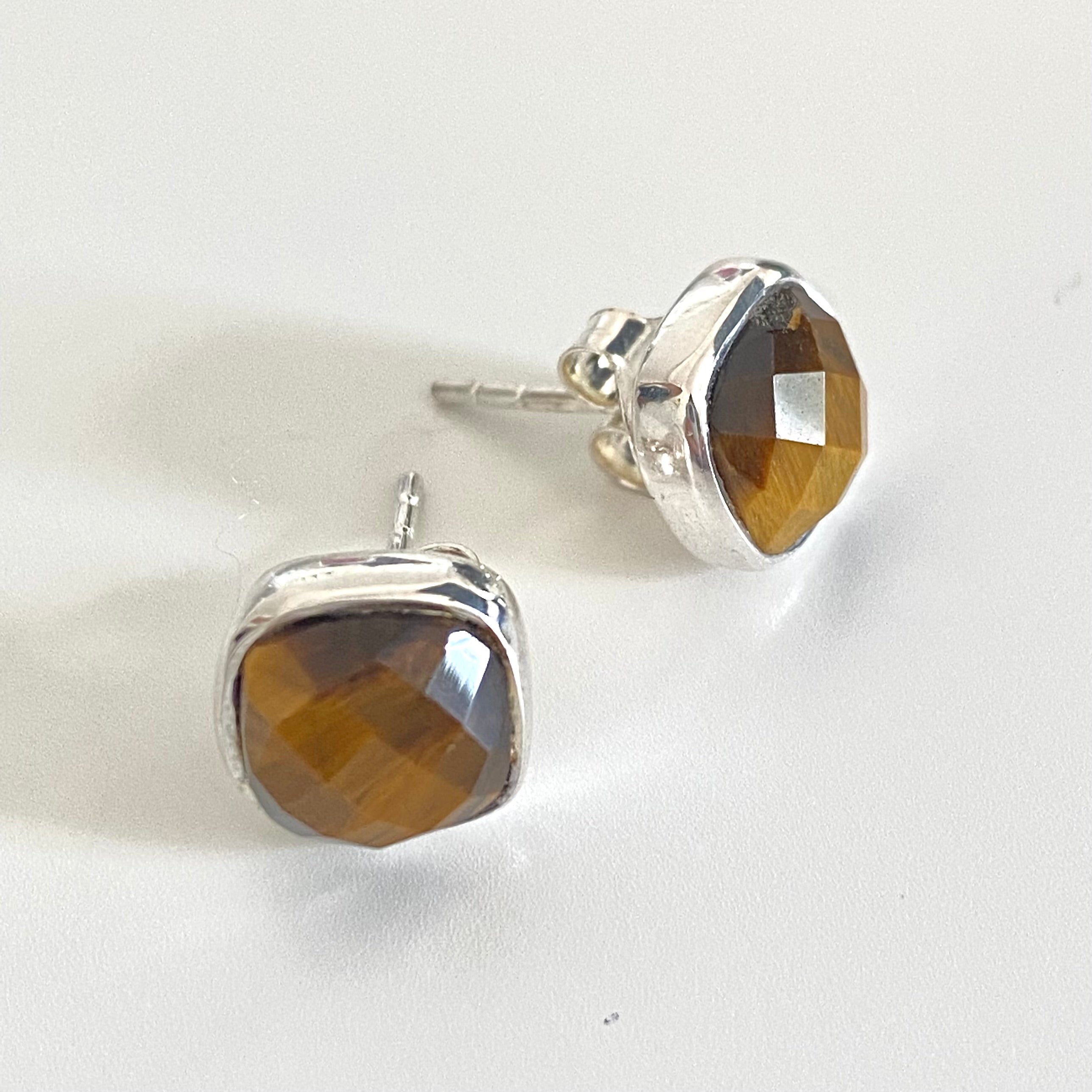 Faceted Square Tiger's Eye Gemstone Stud Earrings in Sterling Silver