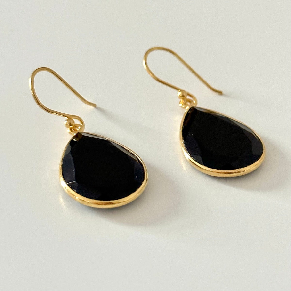 Black Onyx Gold Plated Sterling Silver Earrings with a Tear Drop Shaped Gemstone - Milina London