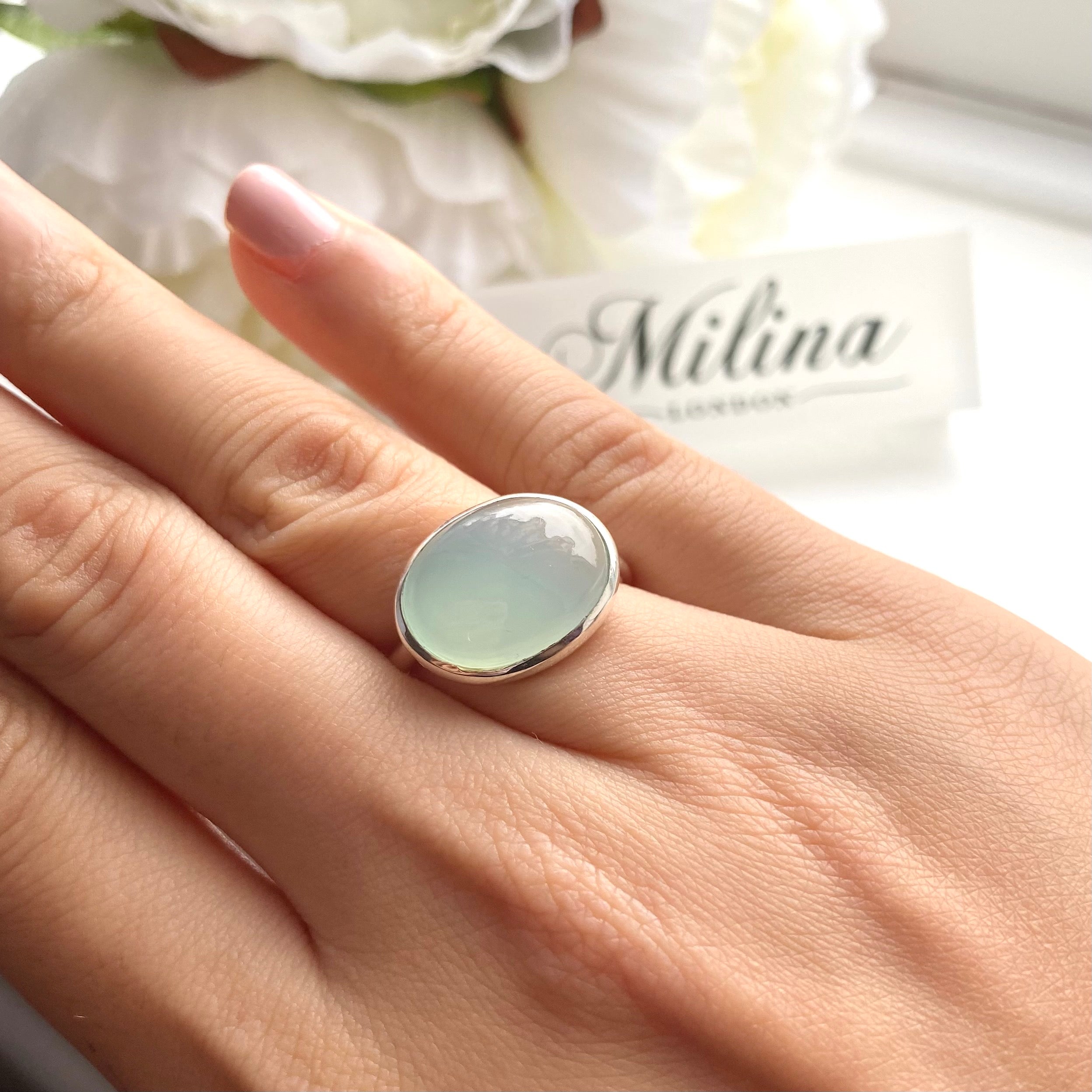 Cabochon Oval Cut Natural Gemstone Sterling Silver Ring - Aqua Chalcedony