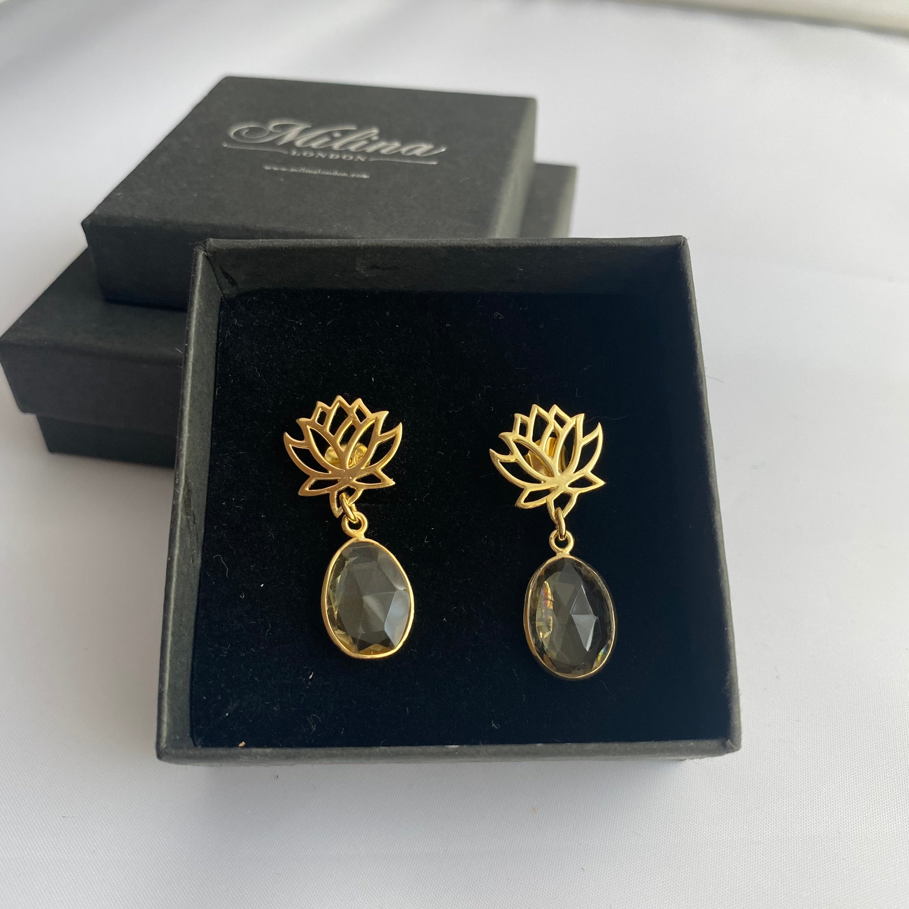 Lotus Earrings in Gold Plated Sterling Silver with a Citrine Gemstone Drop