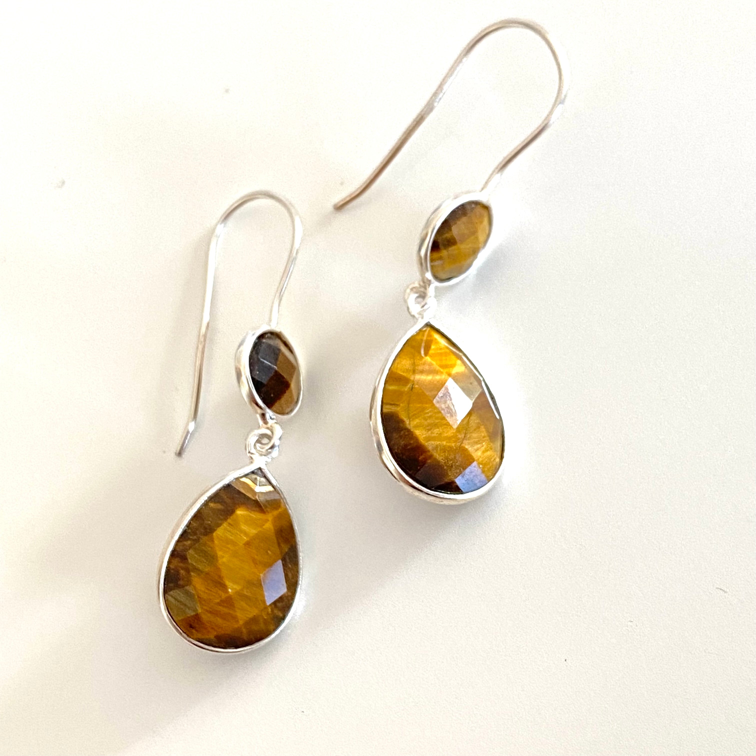 Tiger's Eye Gemstone Two Stone Earrings in Sterling Silver - Teardrop