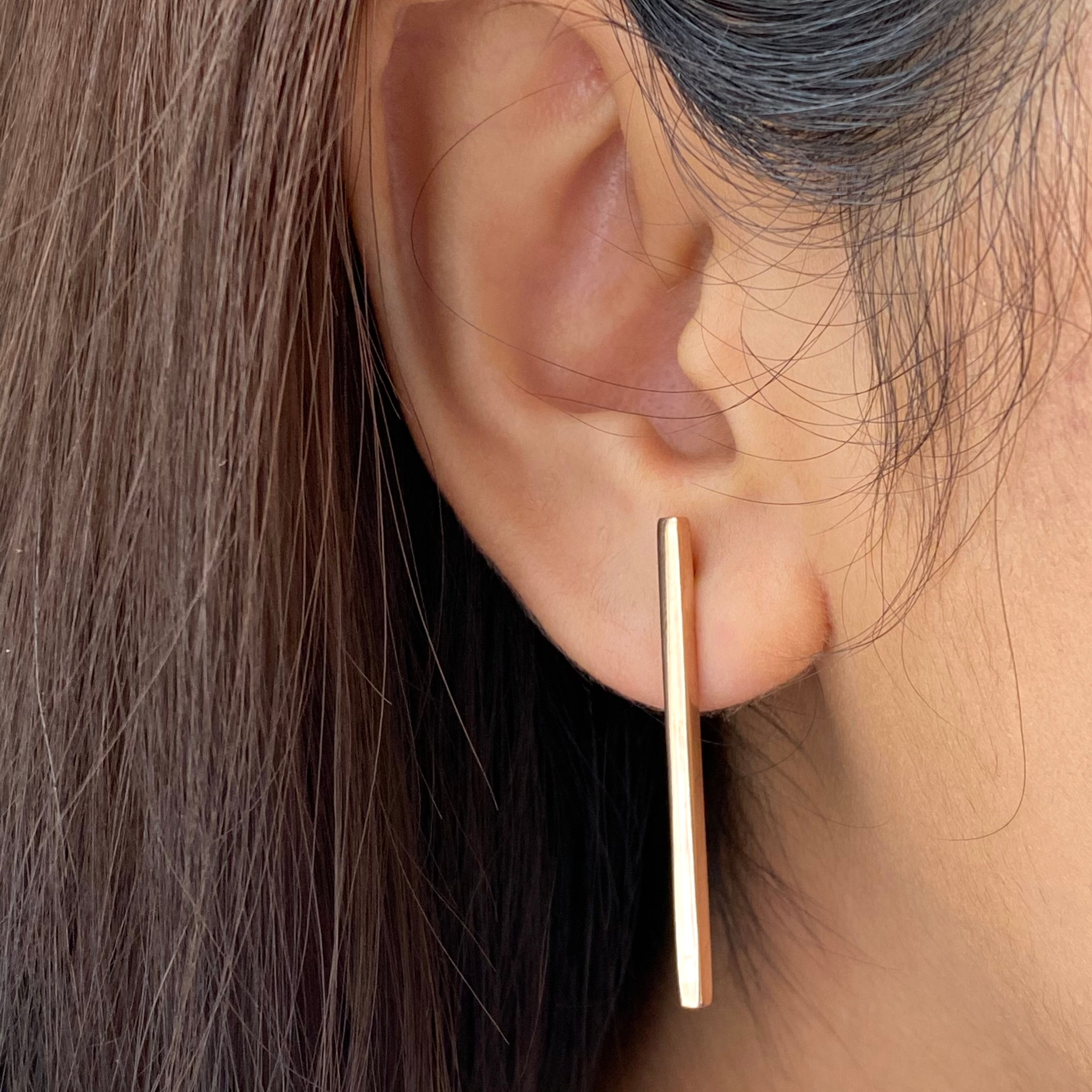 Long Cuboid Shaped Straight Bar Rose Gold Plated Sterling Silver Earrings