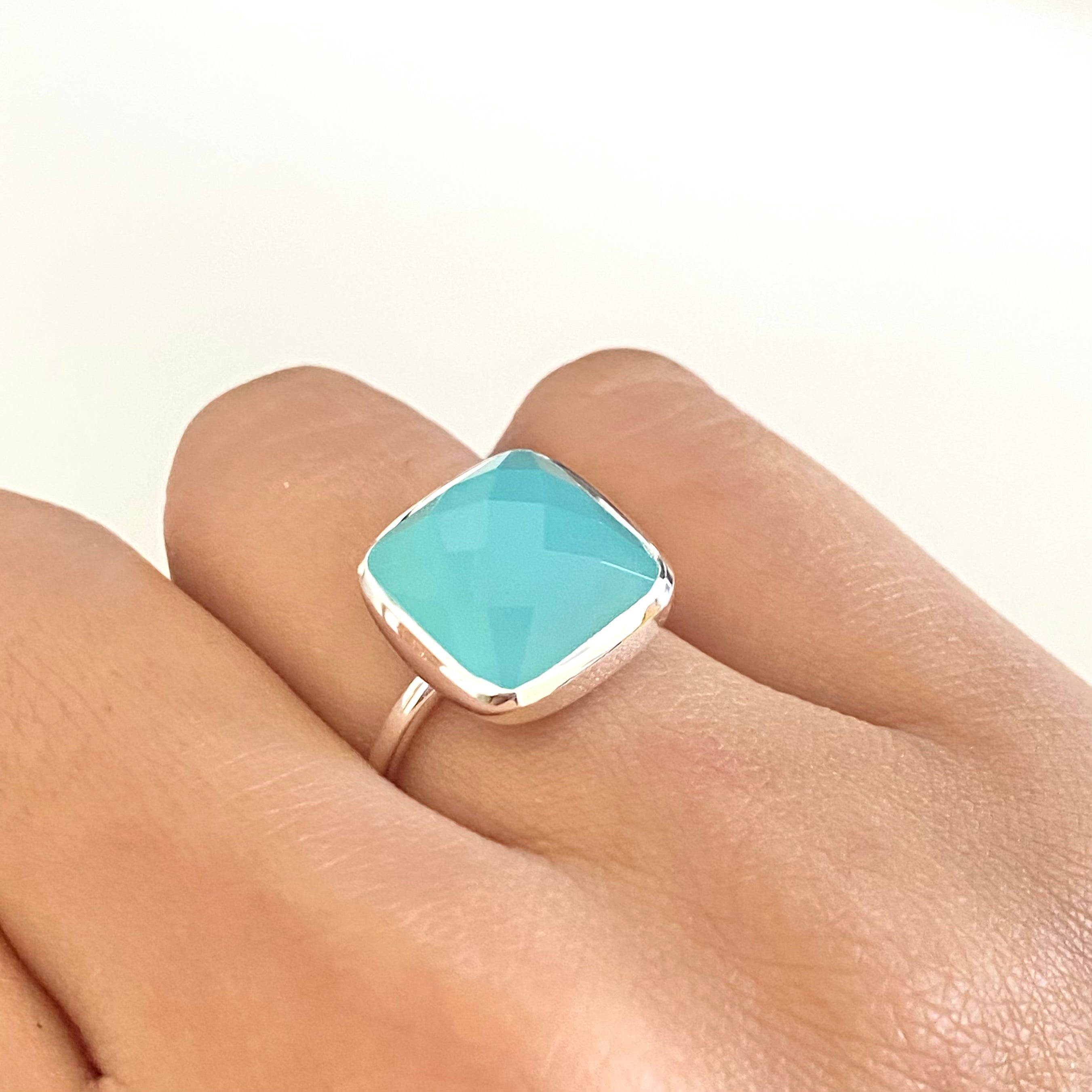 Sterling Silver Ring with Square Semiprecious Stone - Aqua Chalcedony