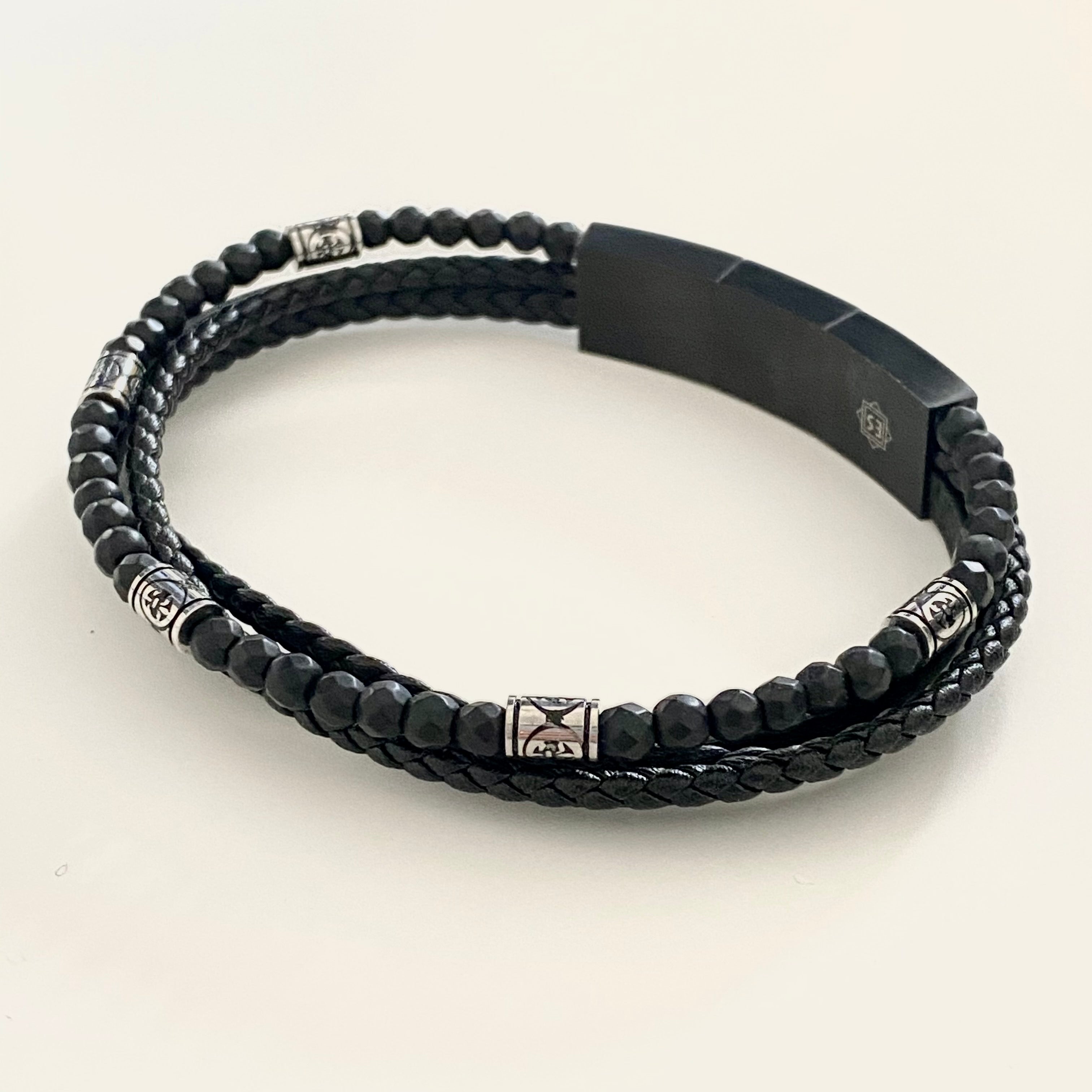 Black Nappa Leather 4 Band Bracelet with Black Onyx and Magnetic Steel Clasp