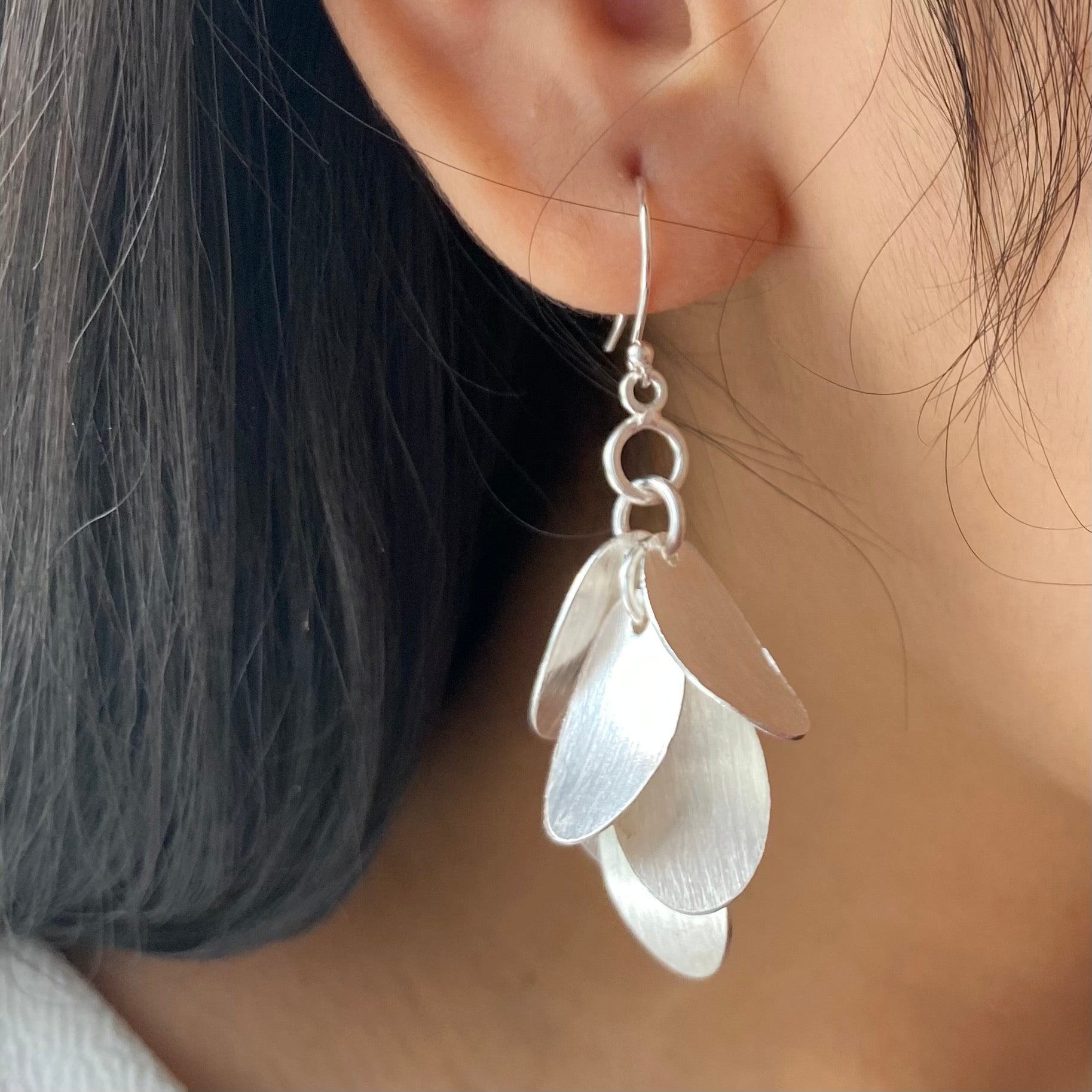 Falling Leaves Brushed Silver Long Dangle Earrings