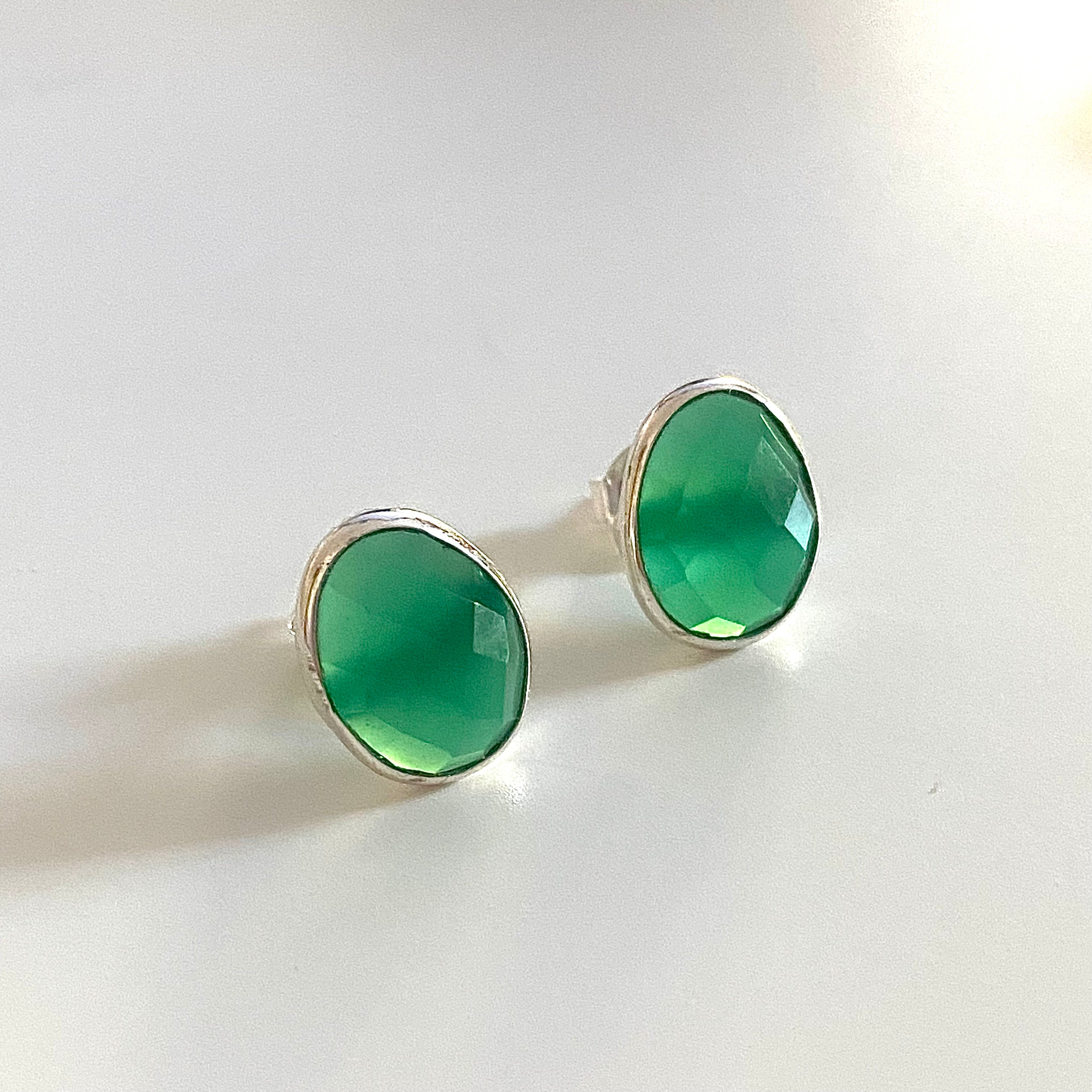 Green Onyx Organic Elliptical Shaped Gemstone Studs