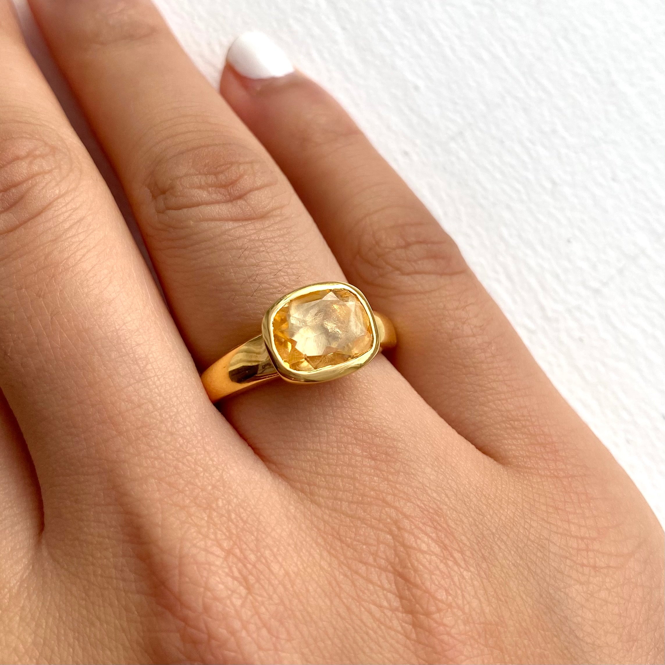 Faceted Rectangular Cut Natural Gemstone Gold Plated Sterling Silver Ring - Citrine