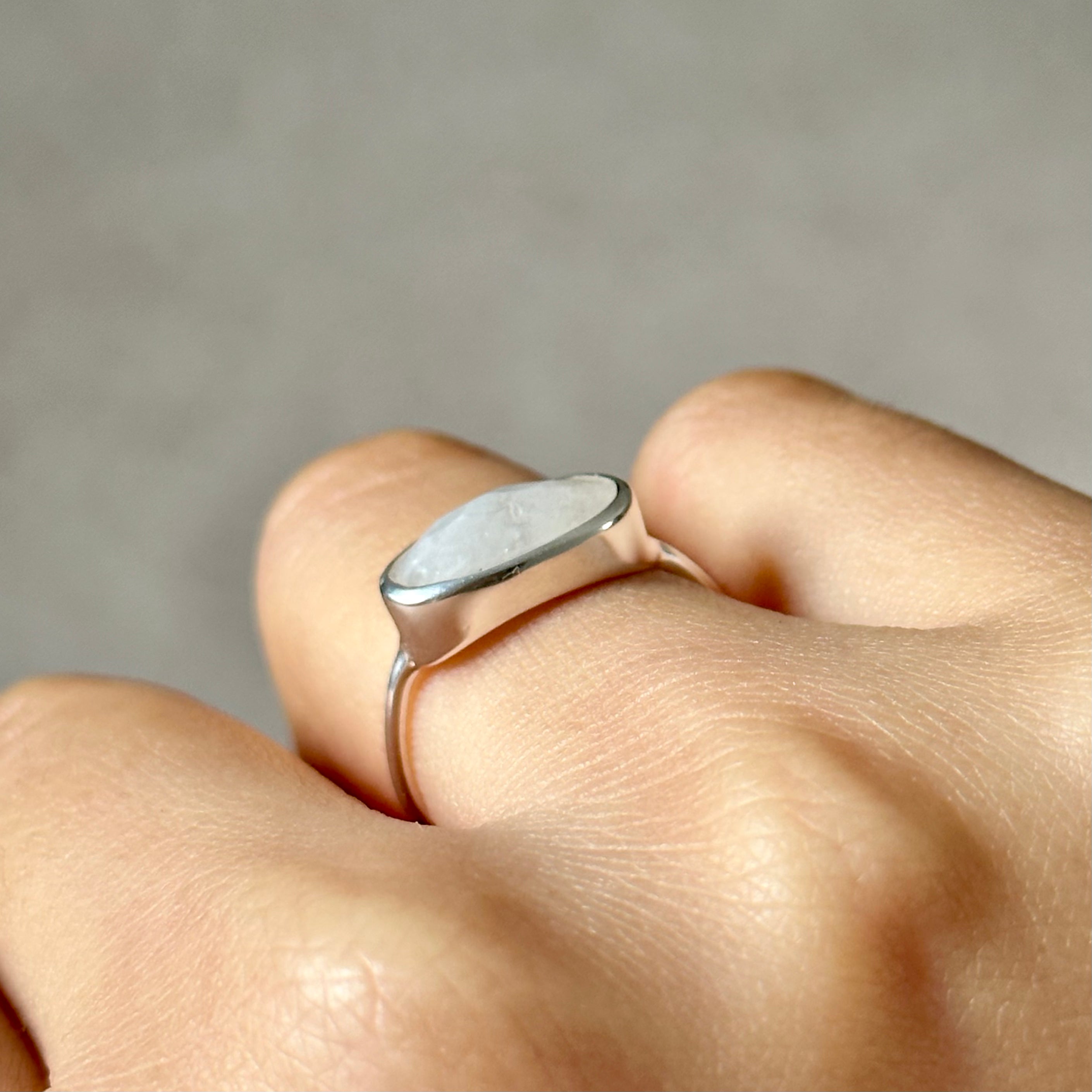 Faceted Oval Cut Natural Gemstone Sterling Silver Fine Band Ring - Moonstone