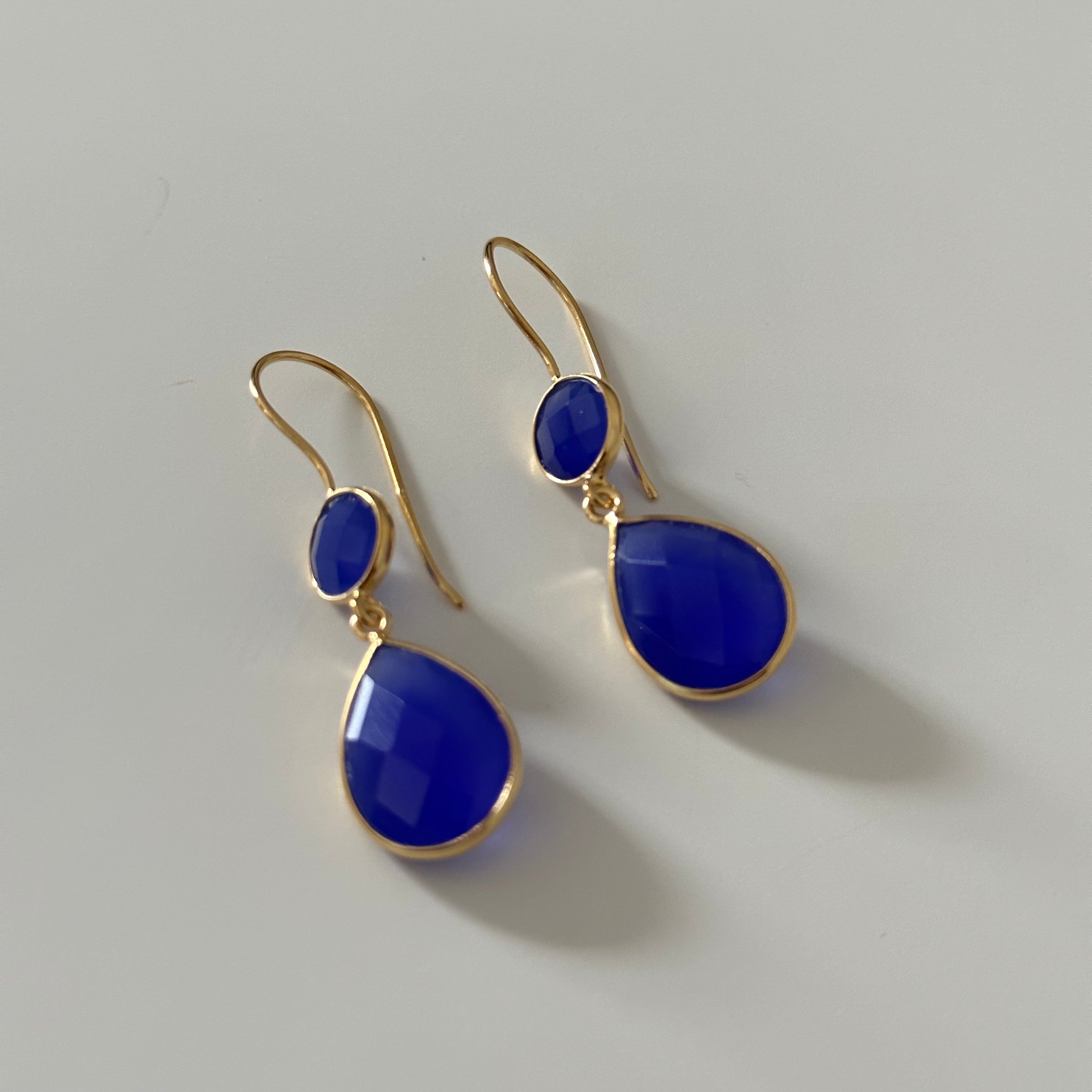 Blue Chalcedony Gemstone Two Stone Earrings in Gold Plated Sterling Silver - Teardrop