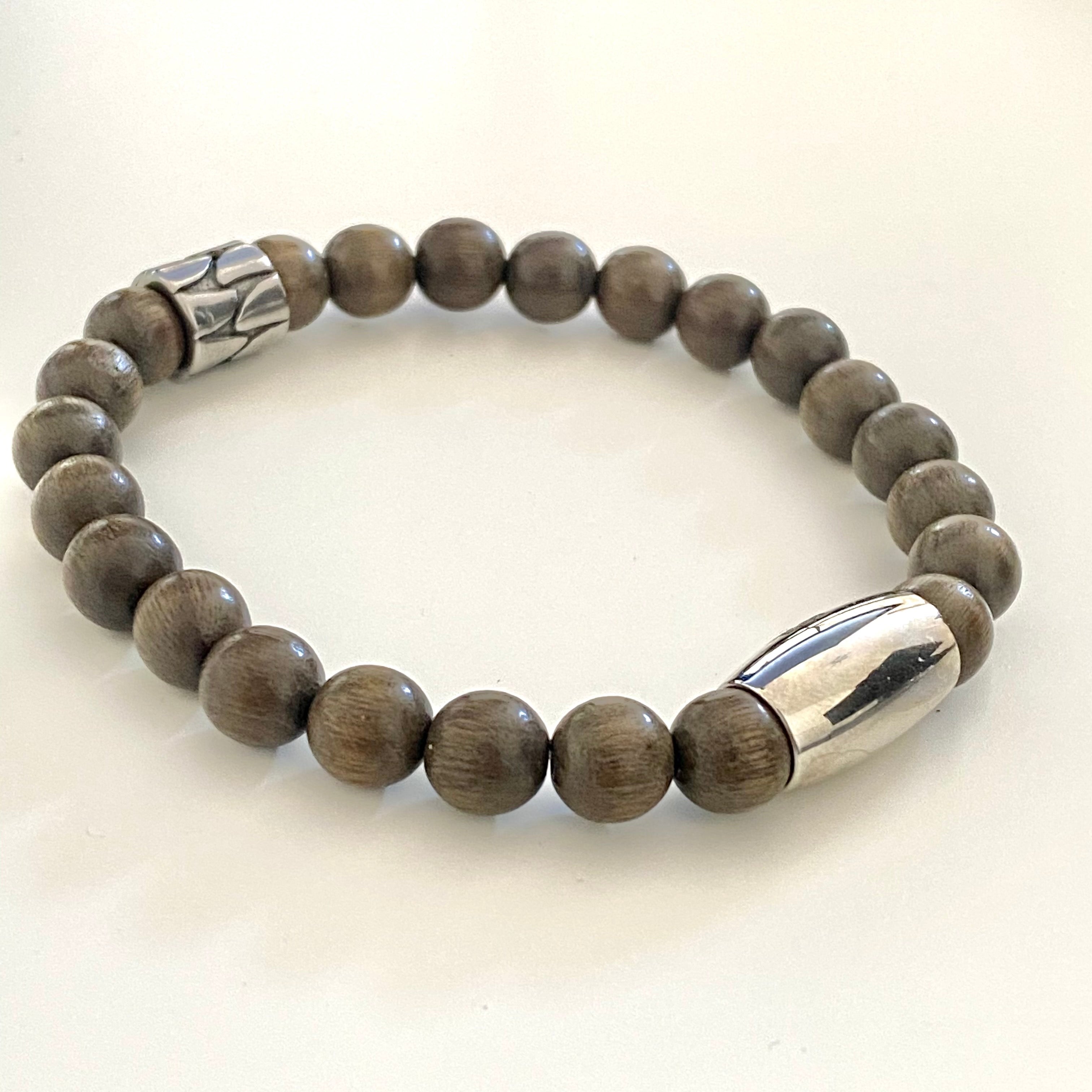 Men's Wooden Bead Bracelet with Stainless Steel Spacers
