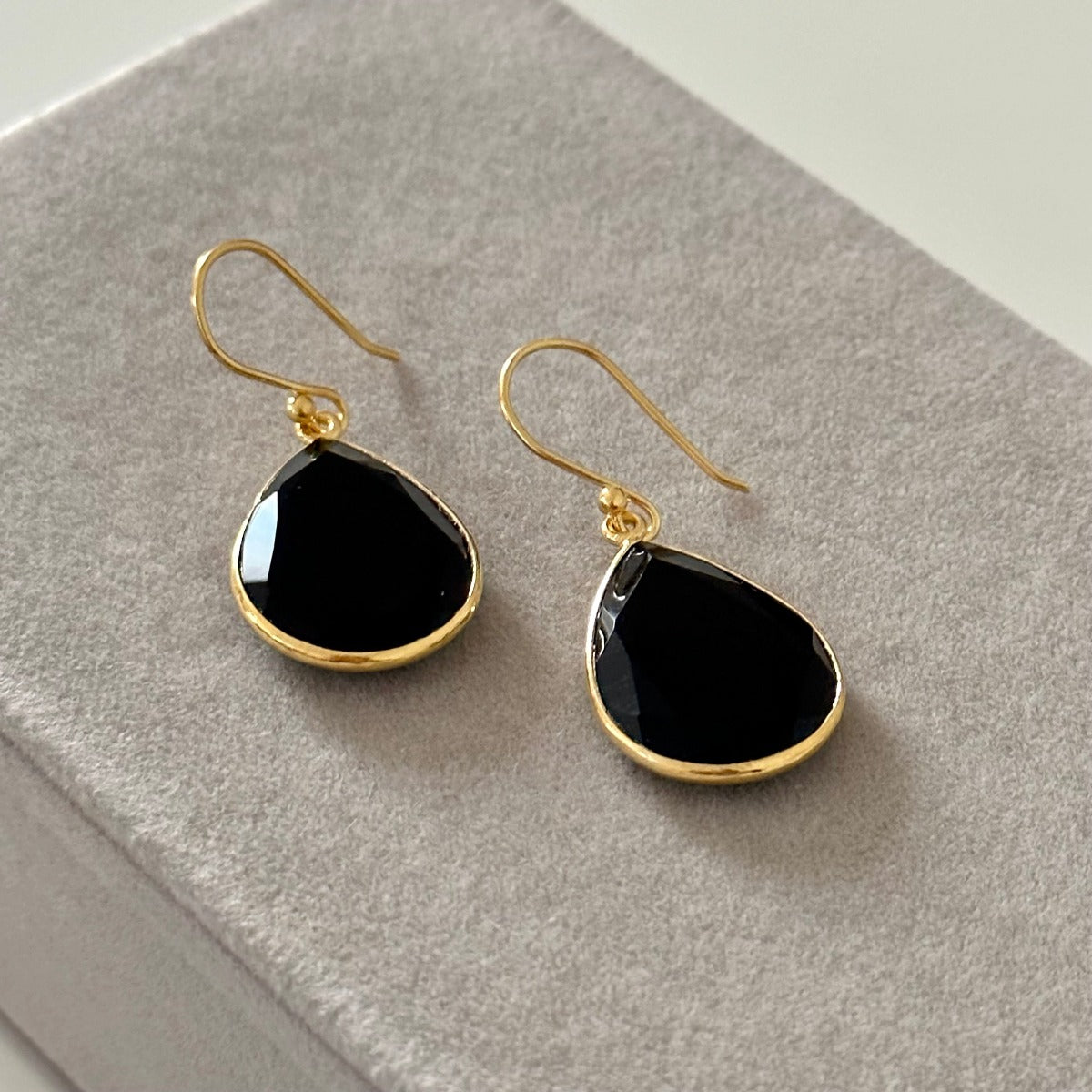 Black Onyx Gold Plated Sterling Silver Earrings with a Tear Drop Shaped Gemstone - Milina London