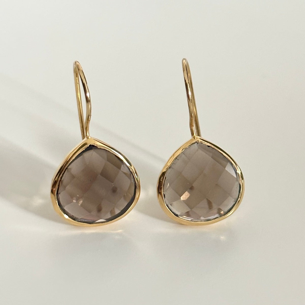 Smoky Quartz Gemstone Gold Plated Sterling Silver Teardrop Earrings - Milina London