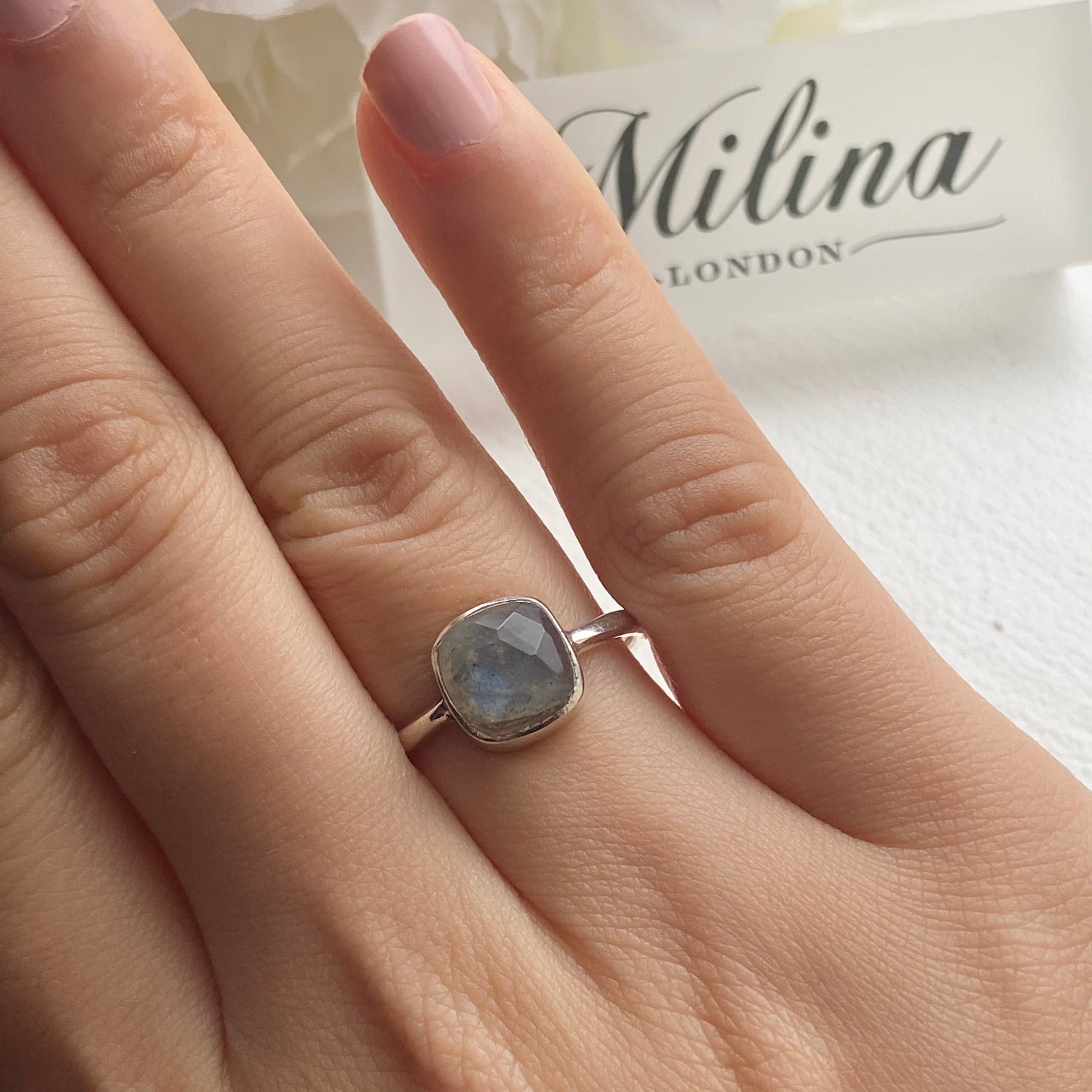 Faceted Square Cut Natural Gemstone Sterling Silver Solitaire Ring - Labradorite