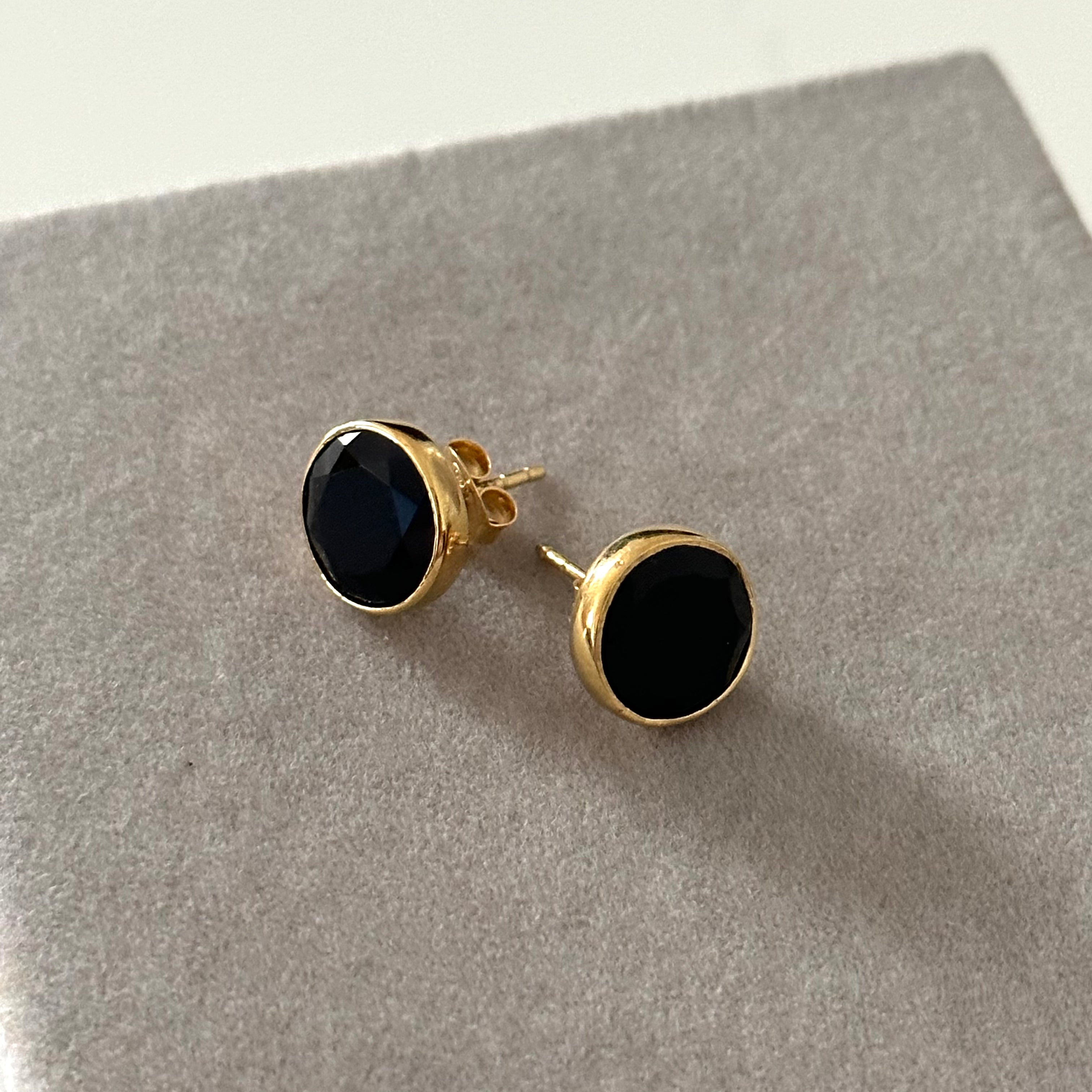 Black Onyx Studs in Gold Plated Sterling Silver with a Round Faceted Gemstone