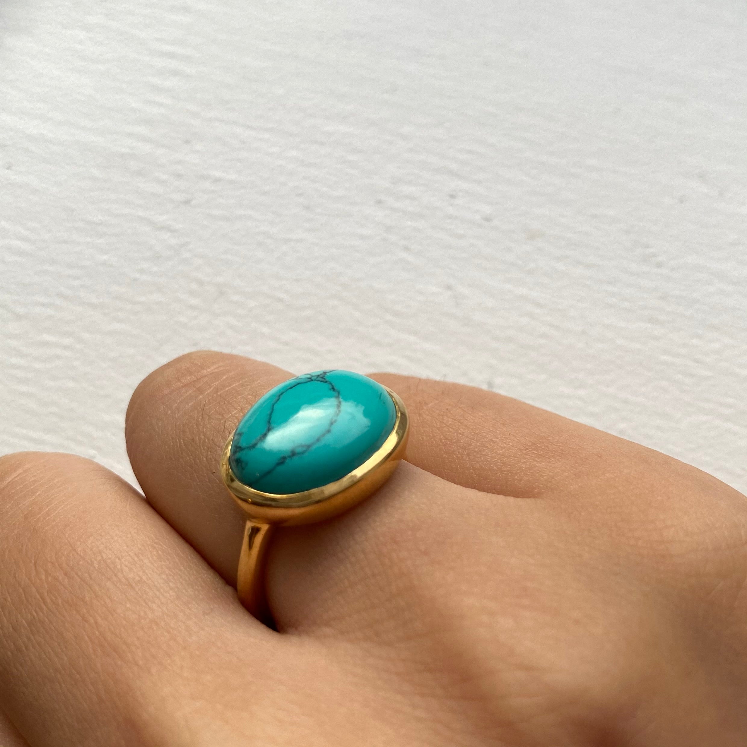 Cabochon Oval Cut Natural Gemstone Gold Plated Sterling Silver Ring - Turquoise