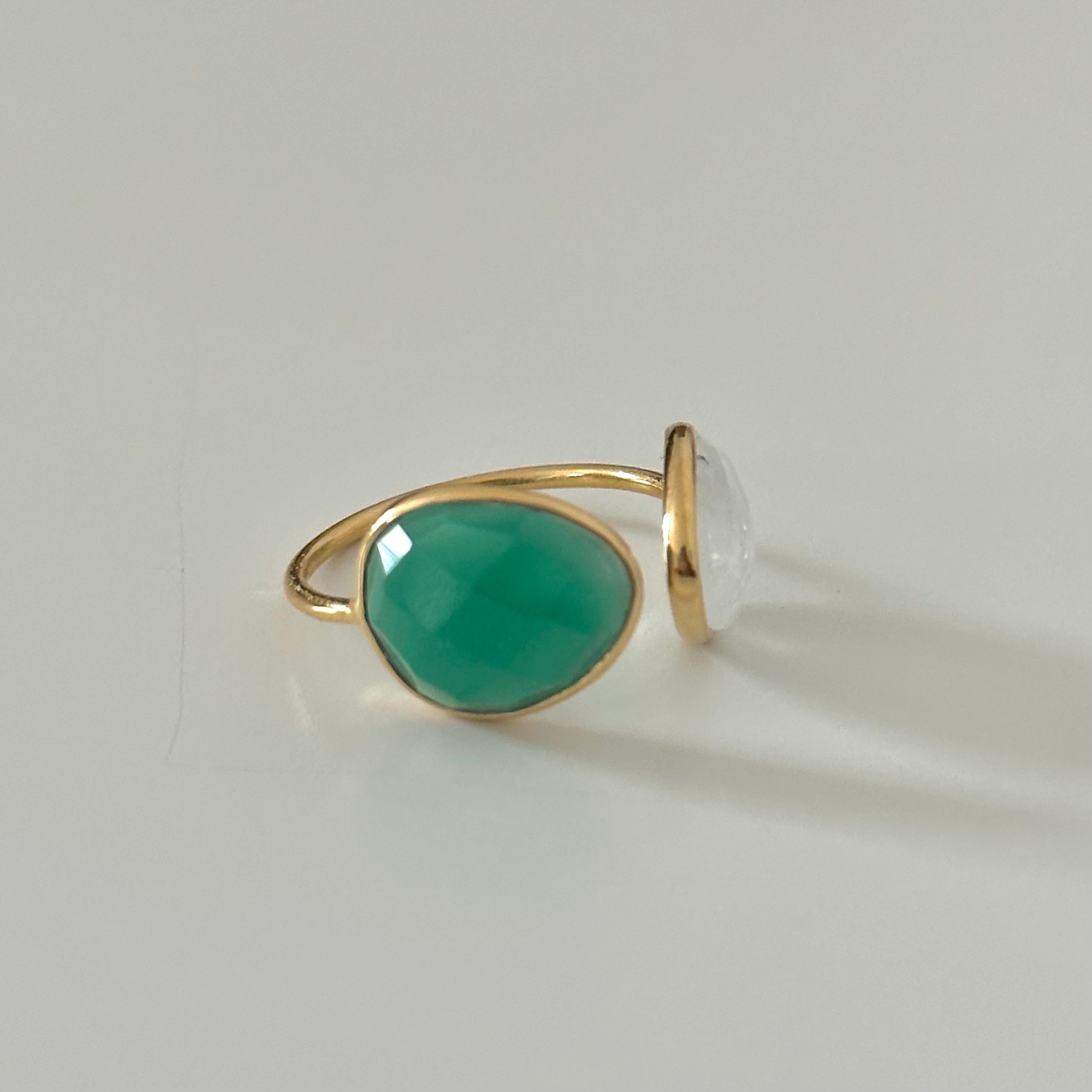 Gold Plated Sterling Silver Two Gemstone Ring with Green Onyx and Moonstone