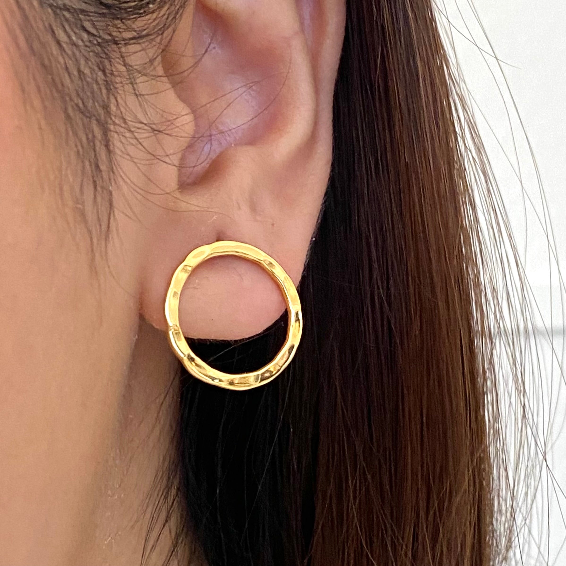 Gold Plated Sterling Silver Hollow Hammered Circle Stud Earrings