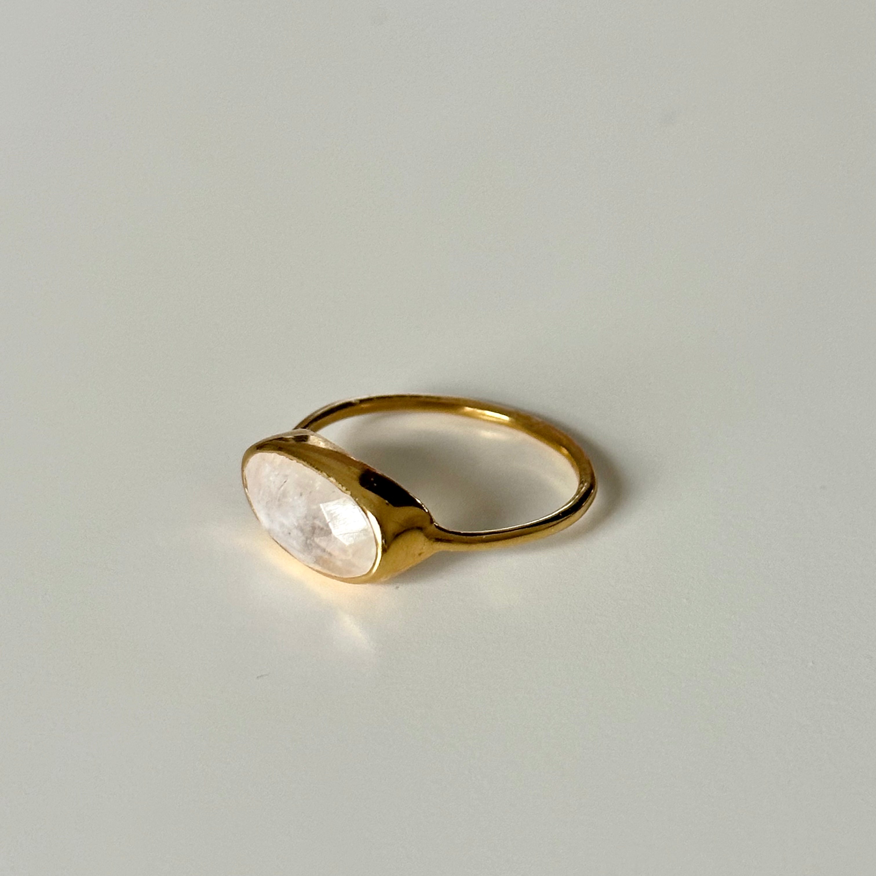 Faceted Oval Cut Natural Gemstone Gold Plated Sterling Silver Fine Band Ring - Moonstone