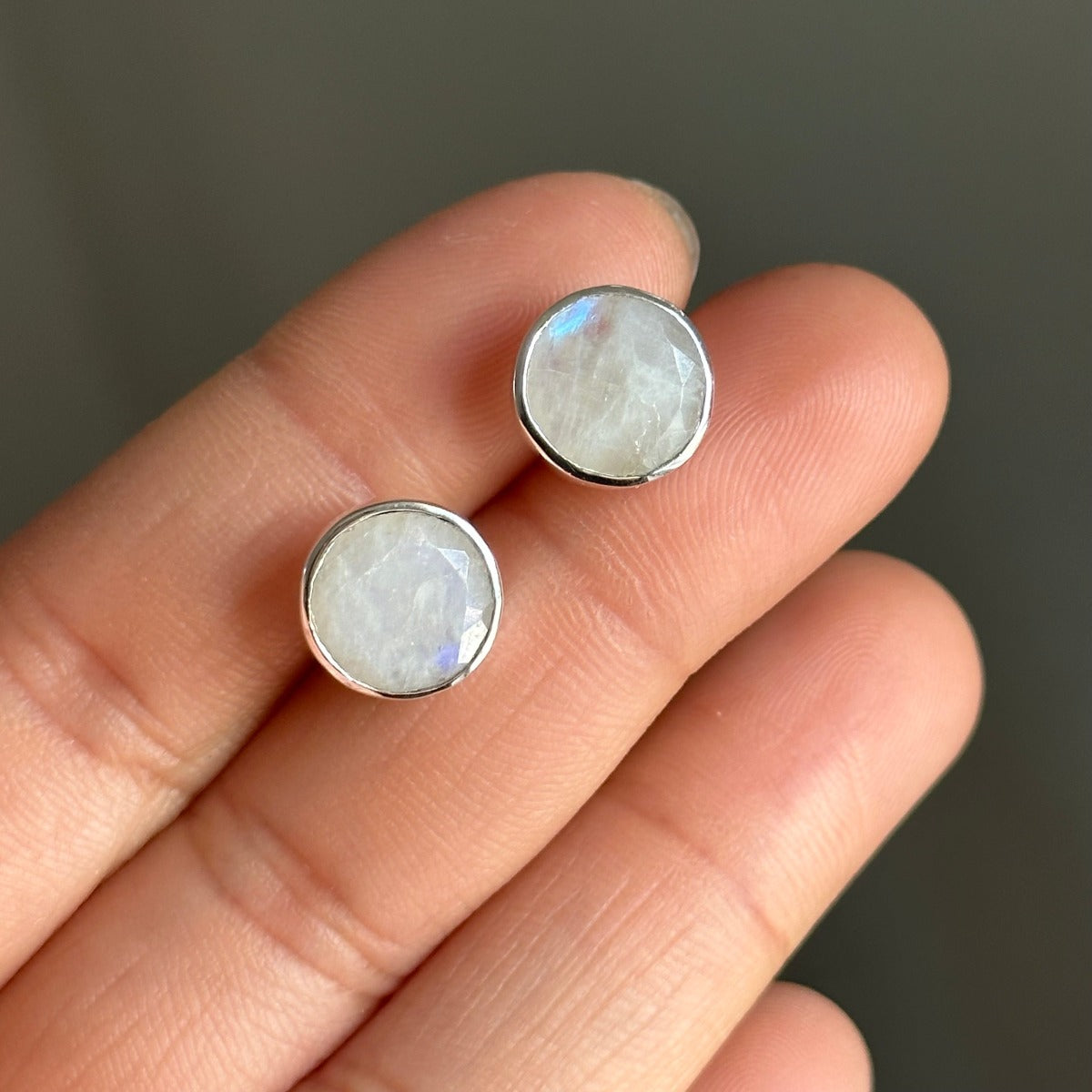 Round Moonstone Studs in Sterling Silver - Milina London