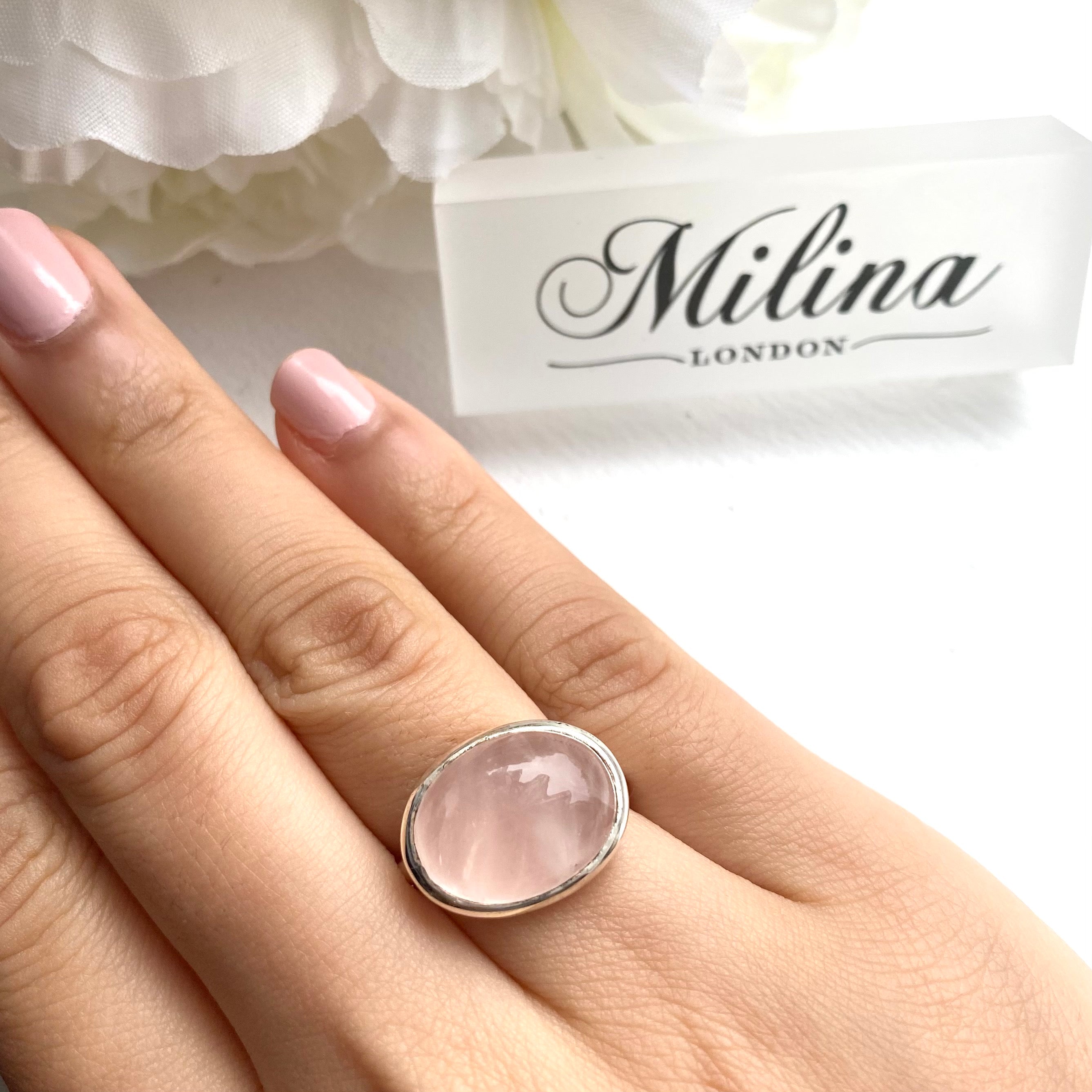 Cabochon Oval Cut Natural Gemstone Sterling Silver Ring - Rose Quartz