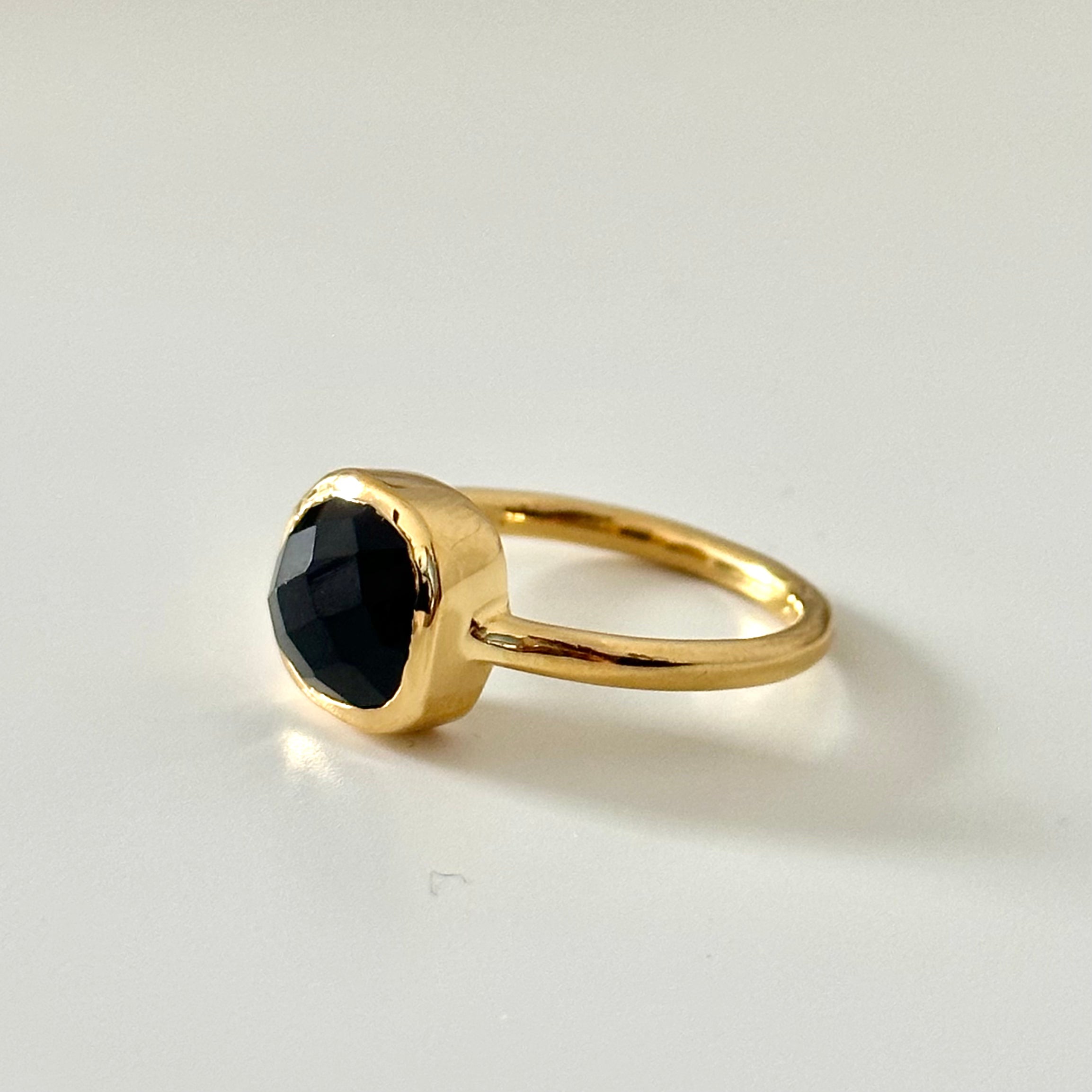 Square Cut Natural Gemstone Gold Plated Sterling Silver Solitaire Ring -Black Onyx