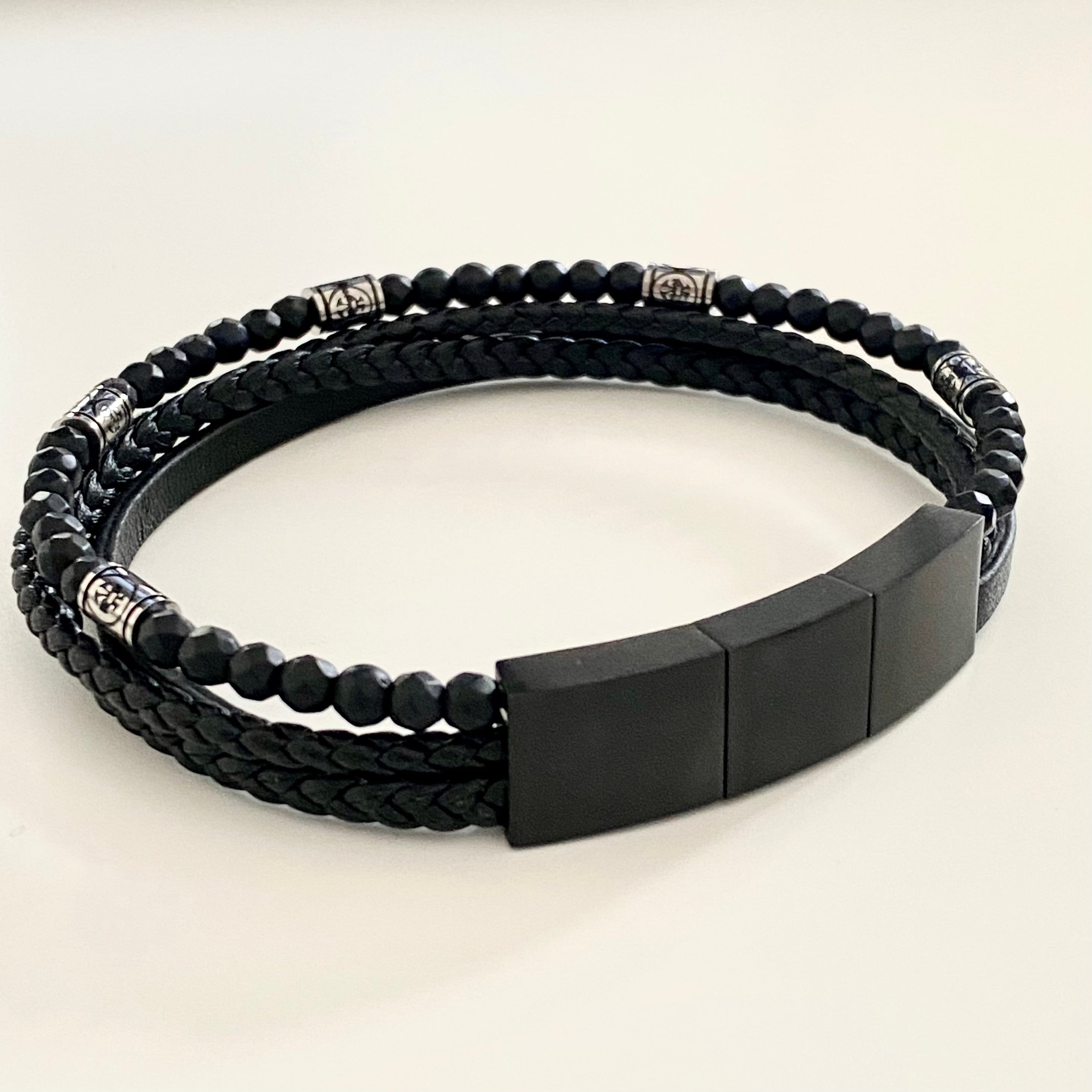 Black Nappa Leather 4 Band Bracelet with Black Onyx and Magnetic Steel Clasp