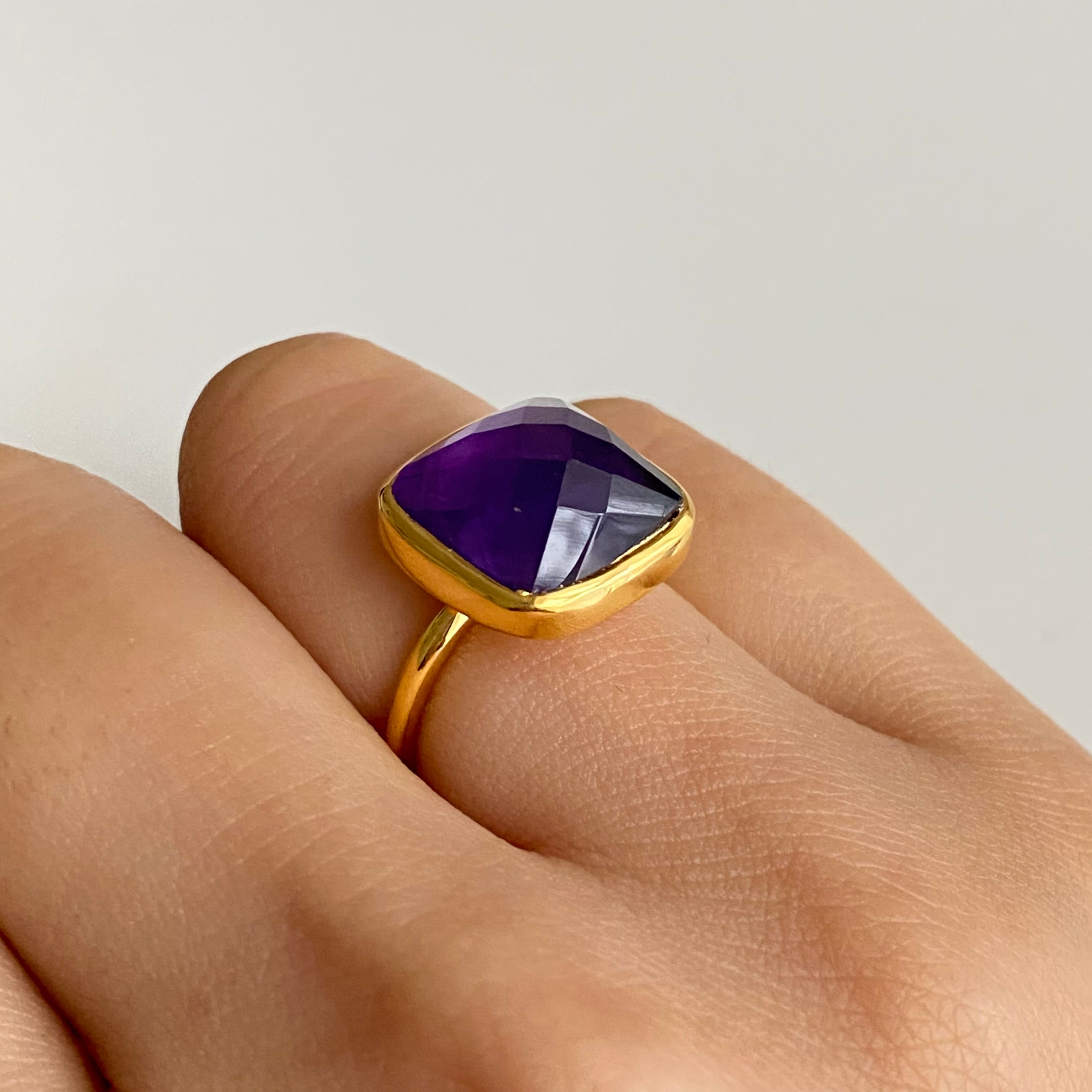 Gold Plated Silver Ring with Square Amethyst Stone 