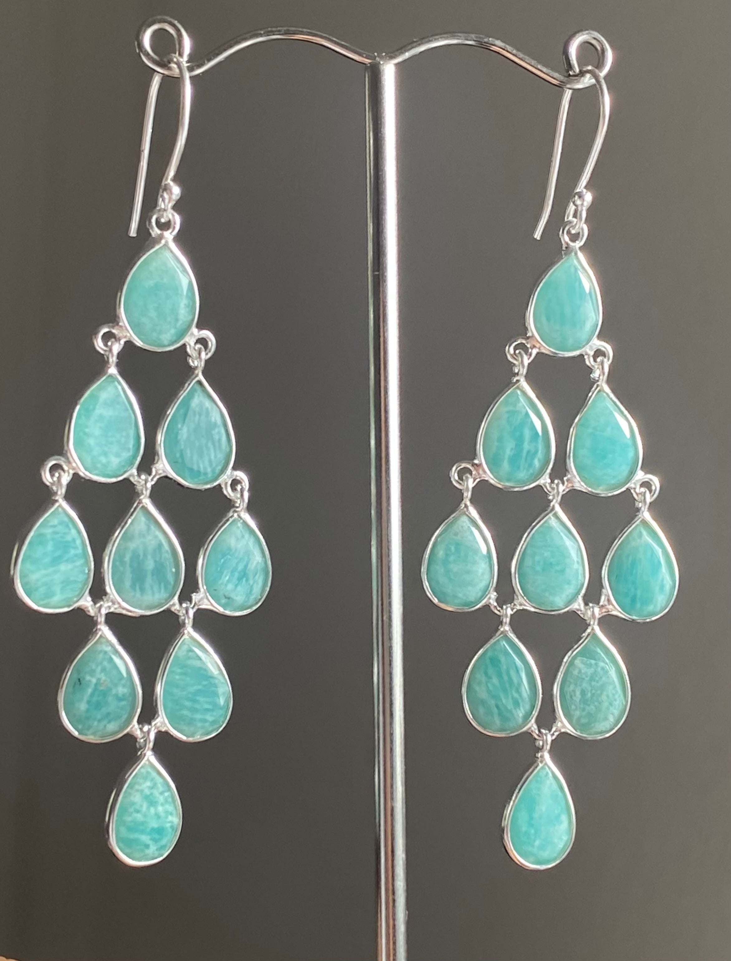 Sterling Silver Chandelier Earrings with Natural Gemstones - Amazonite