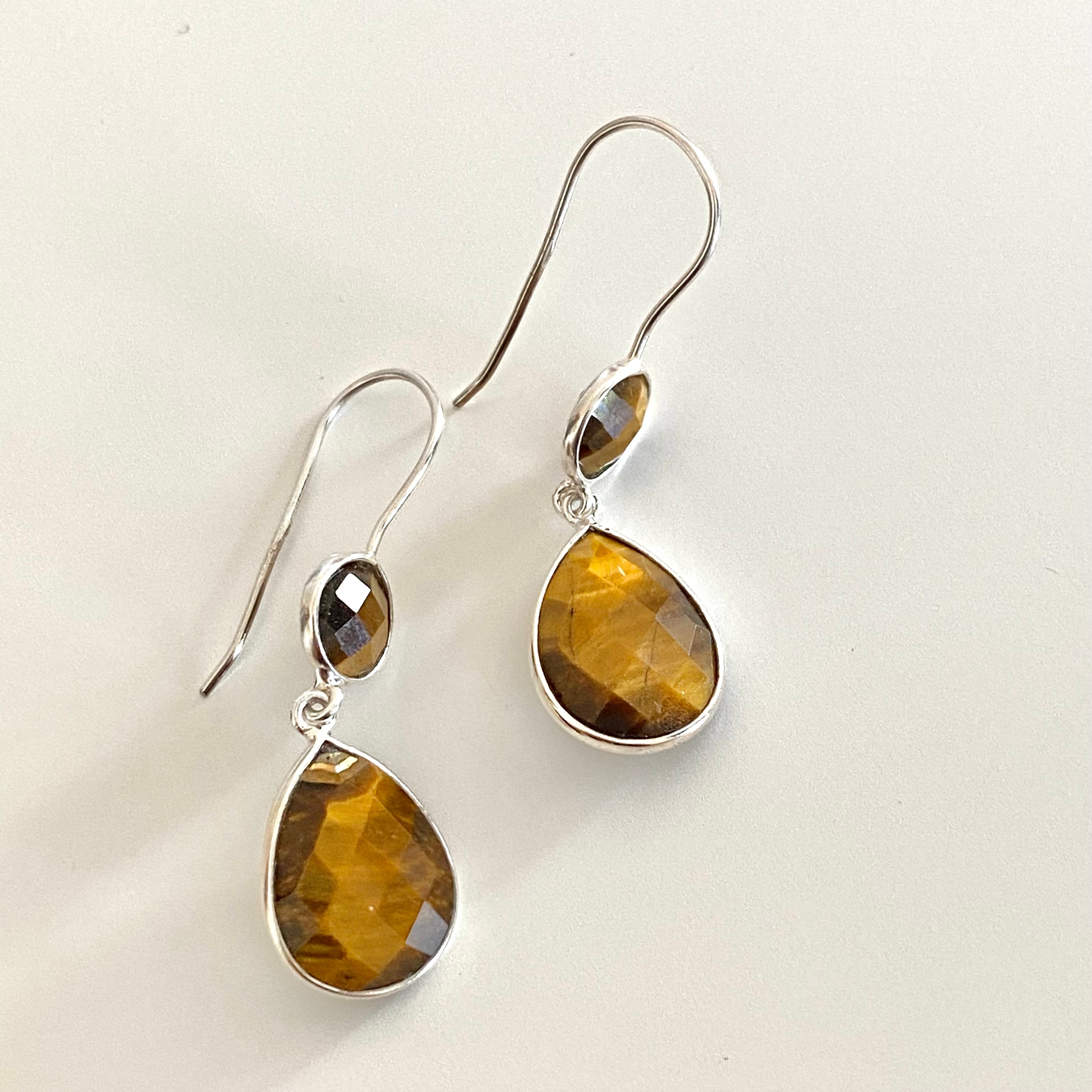 Tiger's Eye Gemstone Two Stone Earrings in Sterling Silver - Teardrop