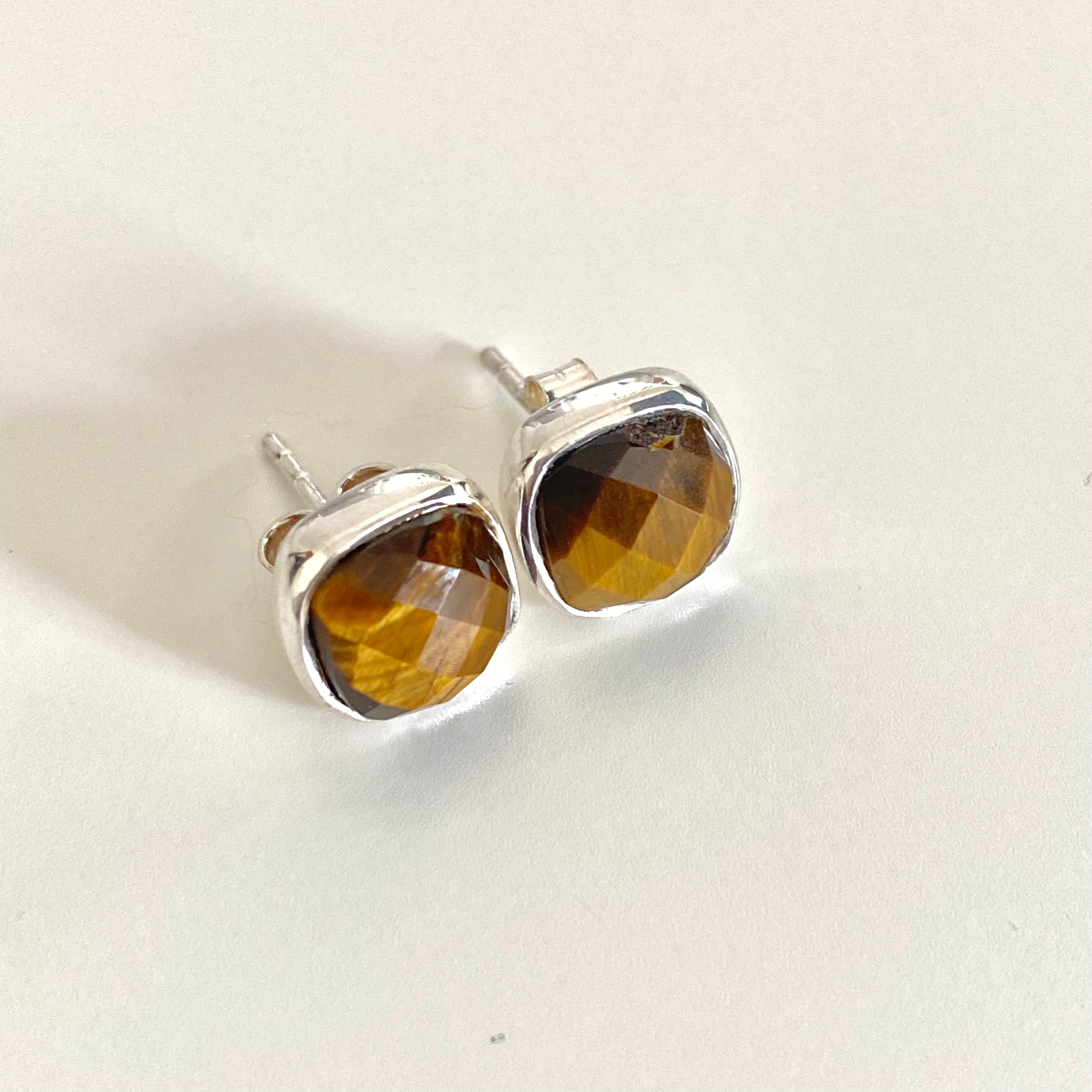 Faceted Square Tiger's Eye Gemstone Stud Earrings in Sterling Silver