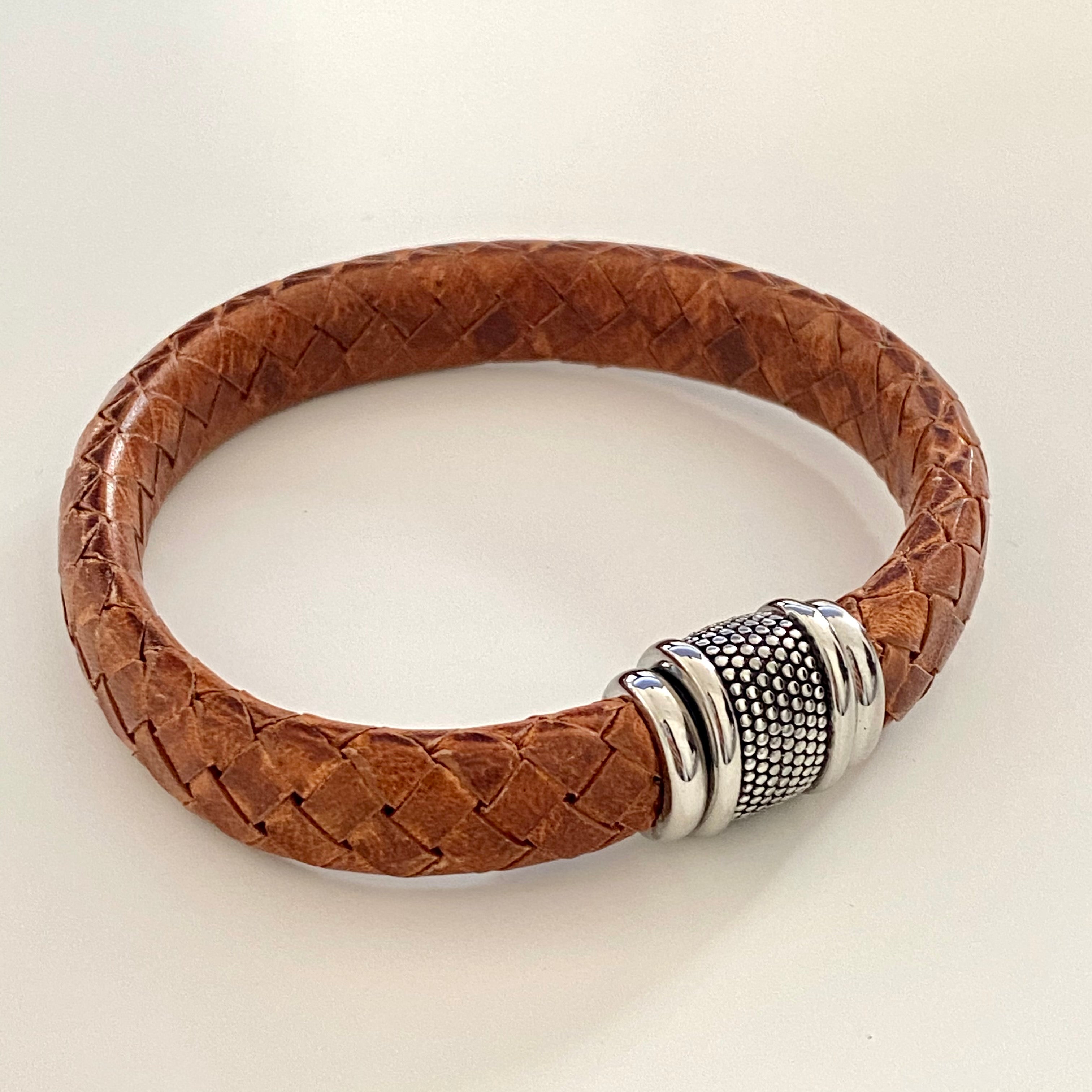 Men's Pure Leather Bracelet with a Brown Plaited Band and a Stainless Steel Clasp