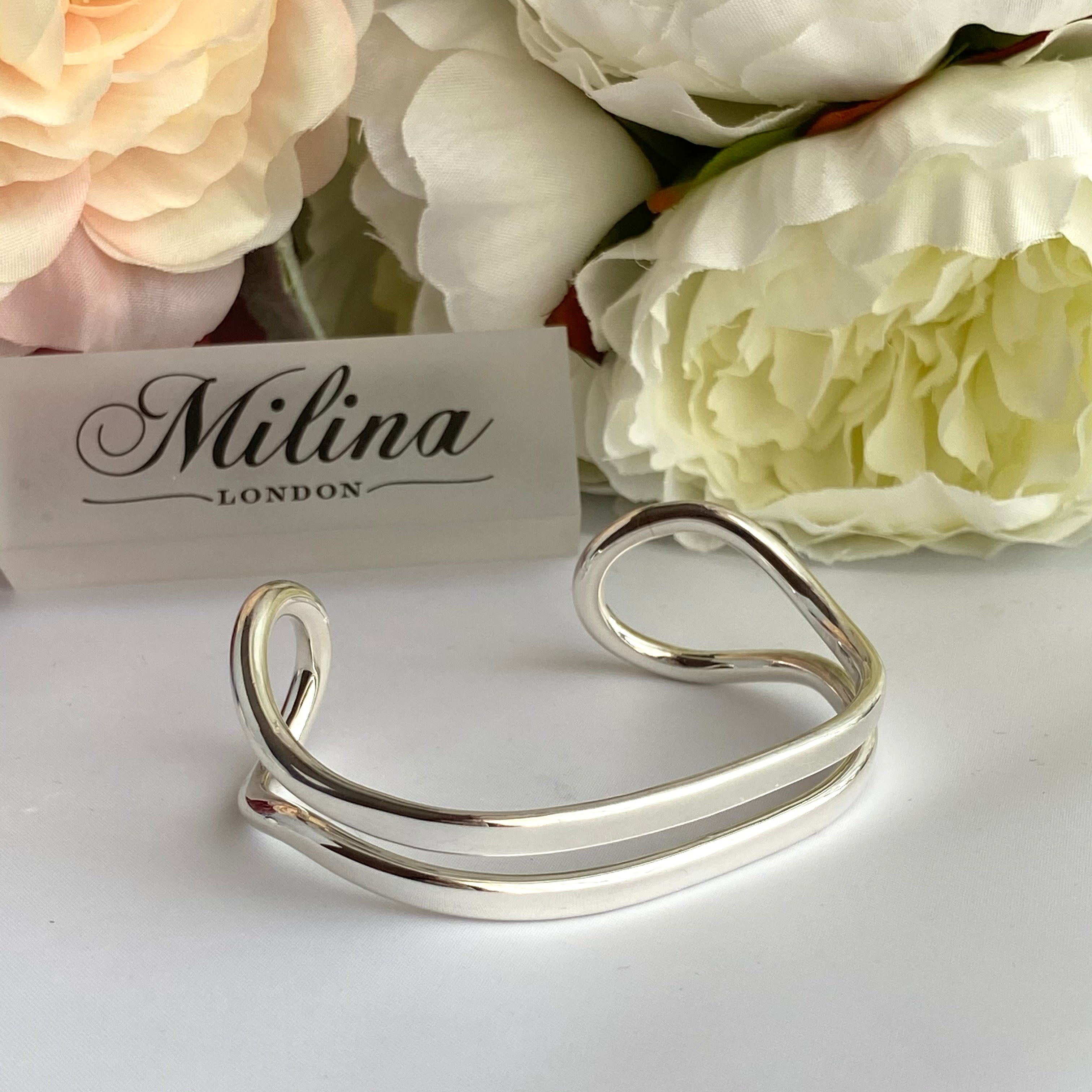 Sterling Silver Cuff with Two Flat Curving Silver Bands