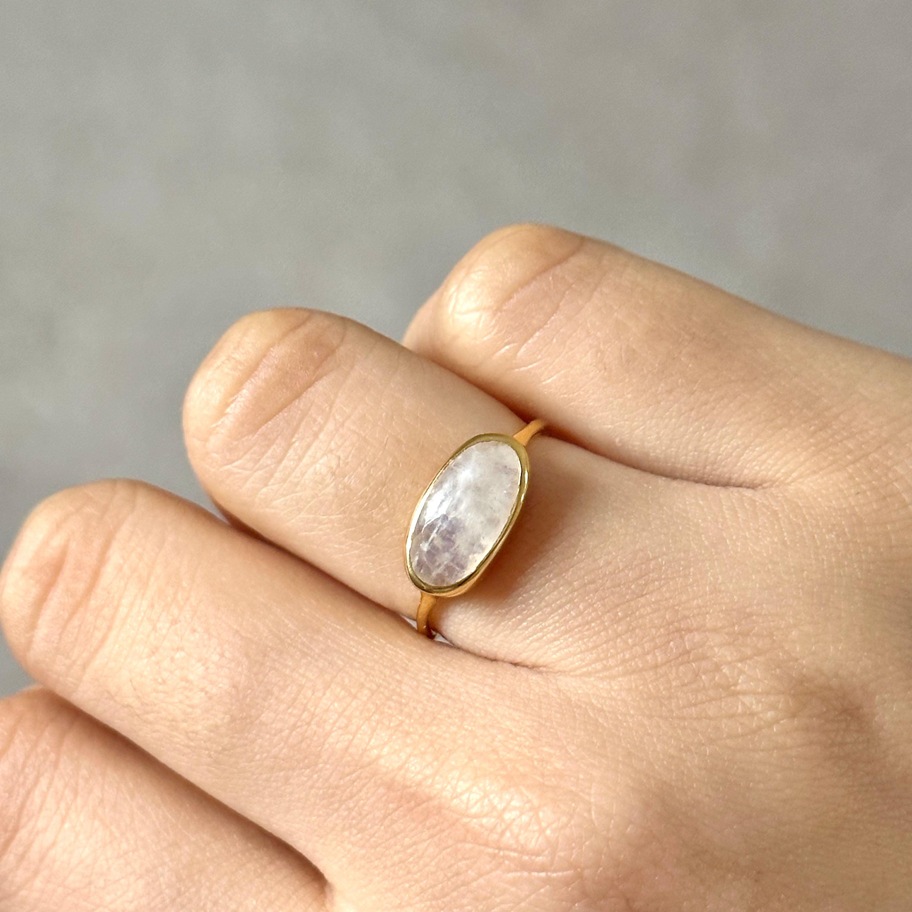 Faceted Oval Cut Natural Gemstone Gold Plated Sterling Silver Fine Band Ring - Moonstone