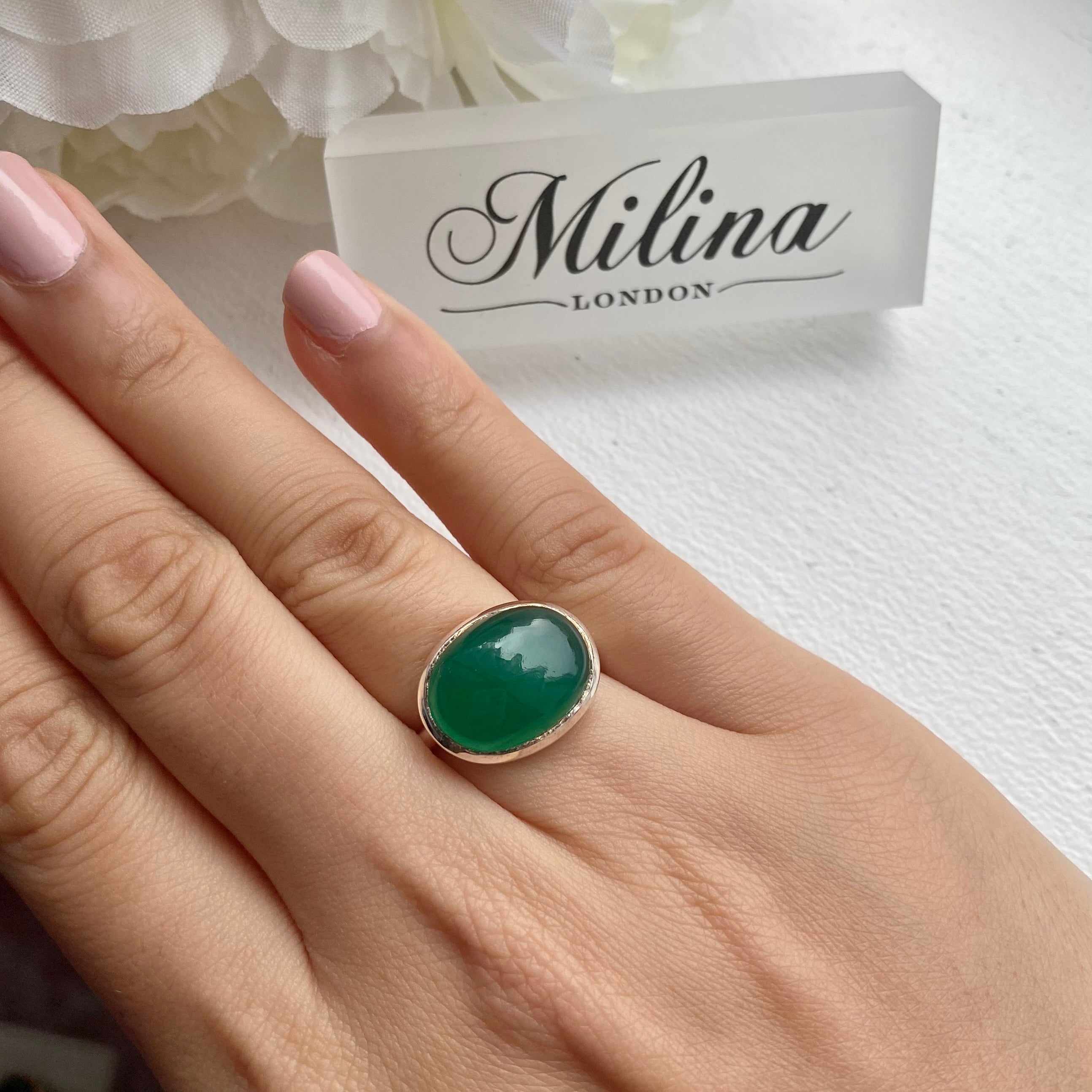 Cabochon Oval Cut Natural Gemstone Sterling Silver Ring - Green Onyx