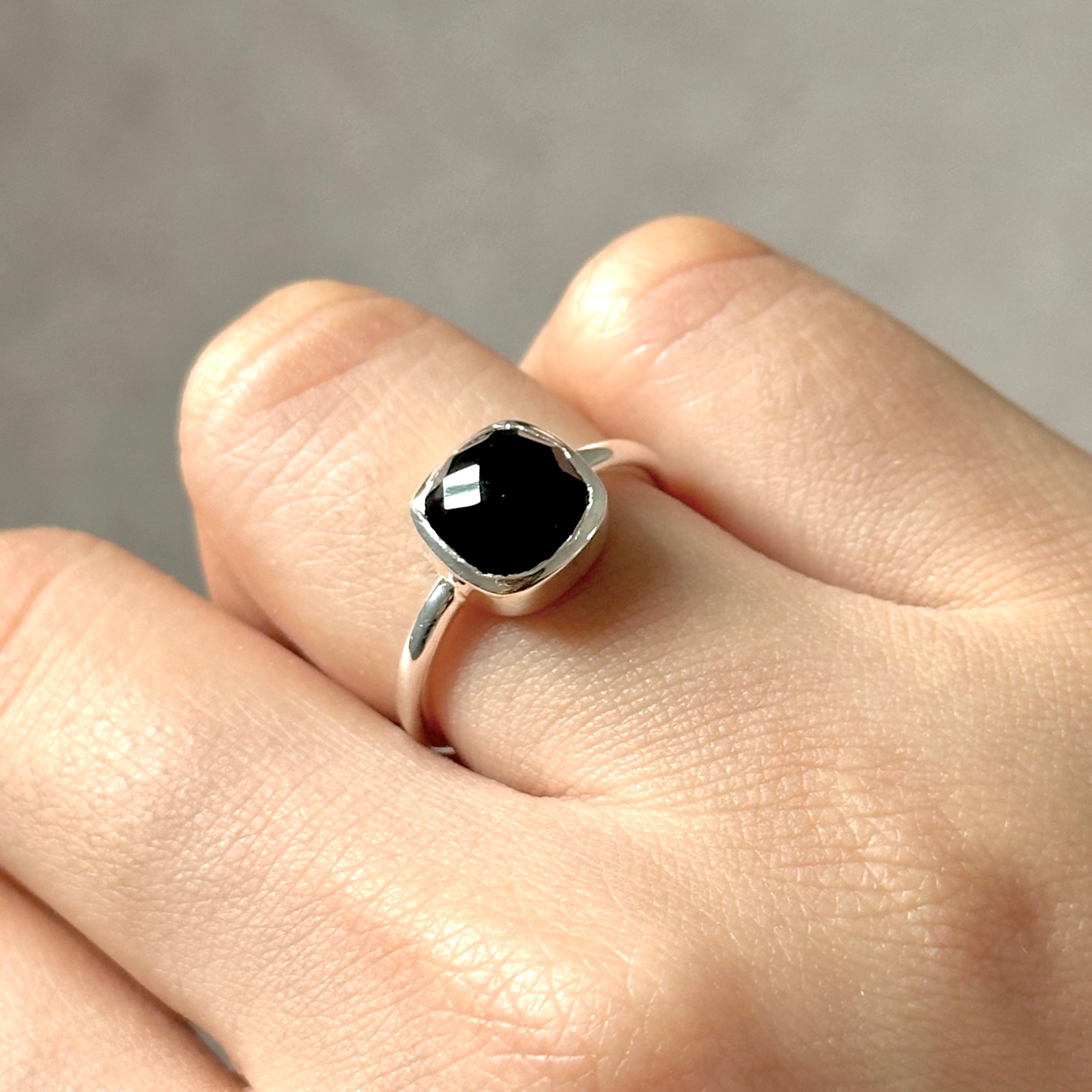 Square Cut Natural Gemstone Sterling Silver Solitaire Ring - Black Onyx