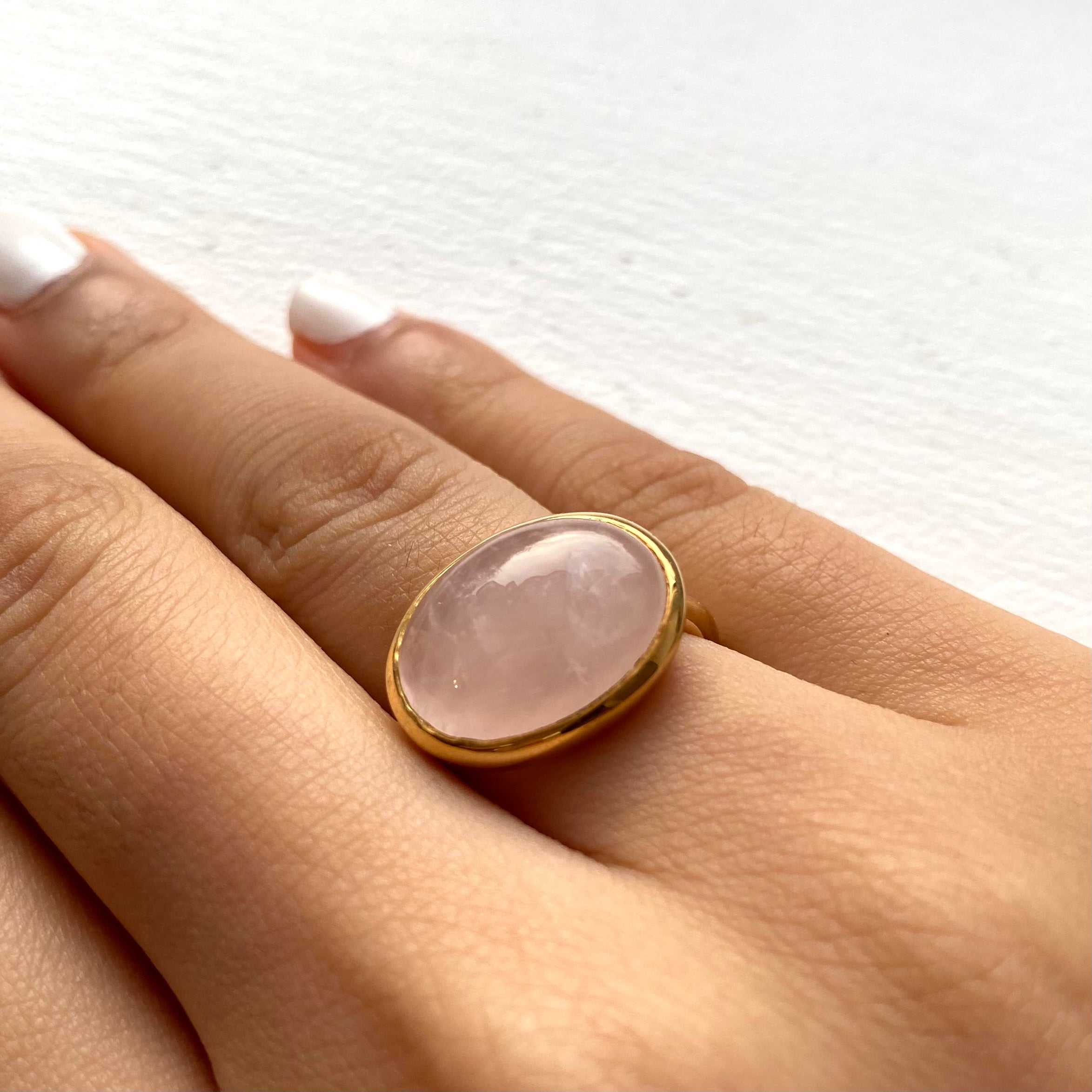 Cabochon Oval Cut Natural Gemstone Gold Plated Sterling Silver Ring - Rose Quartz