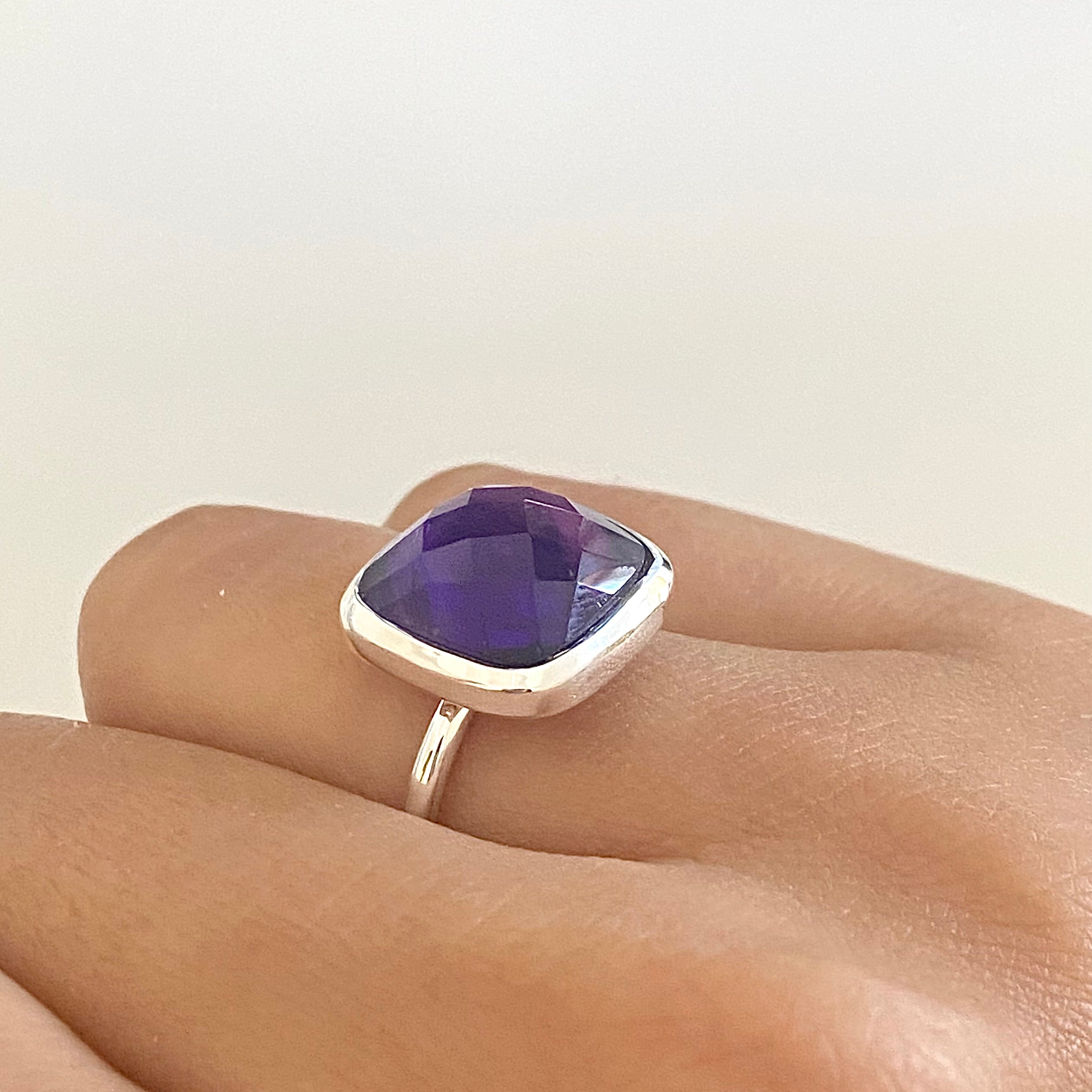 Silver Ring with Square Semiprecious Stone - Amethyst