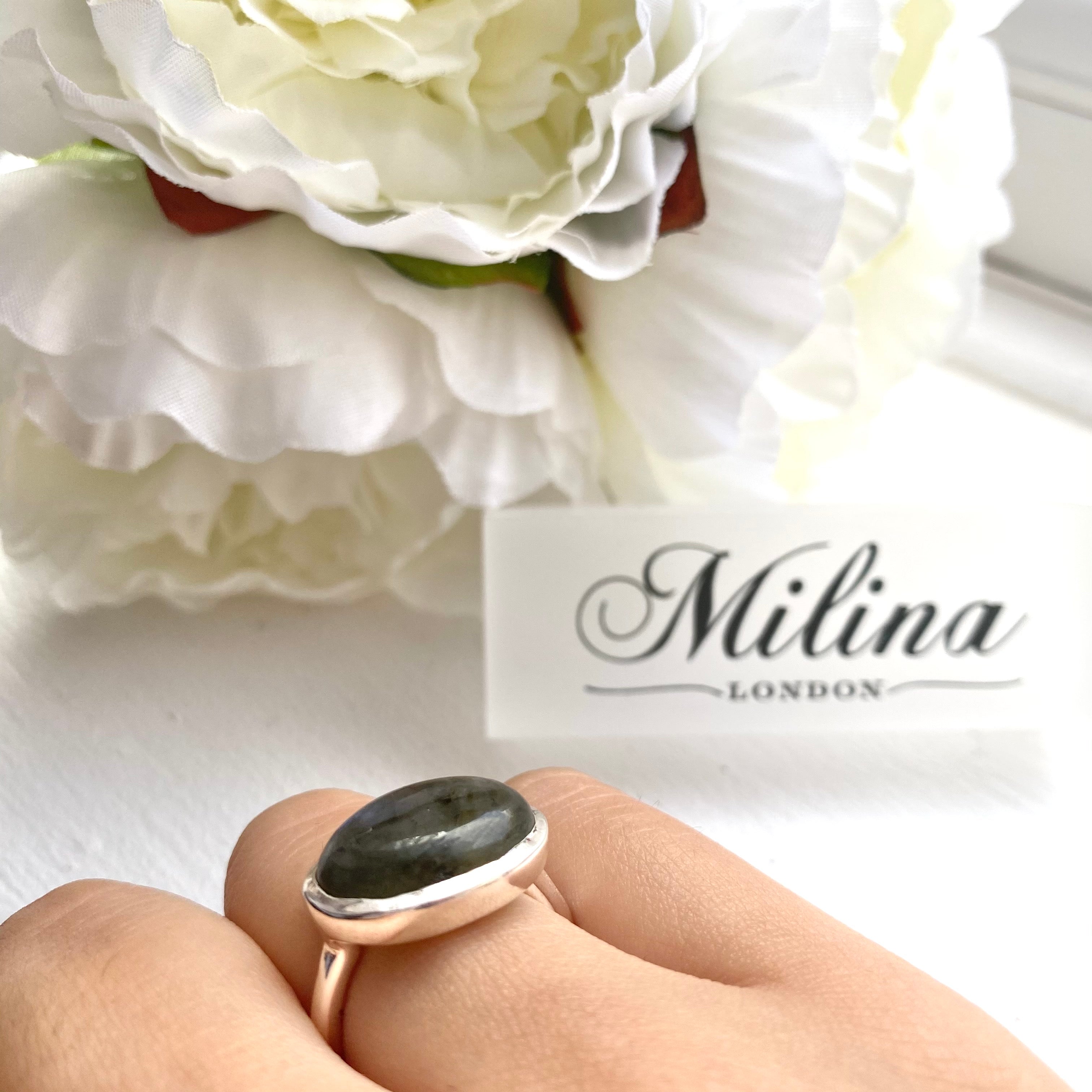 Cabochon Oval Cut Natural Gemstone Sterling Silver Ring - Labradorite