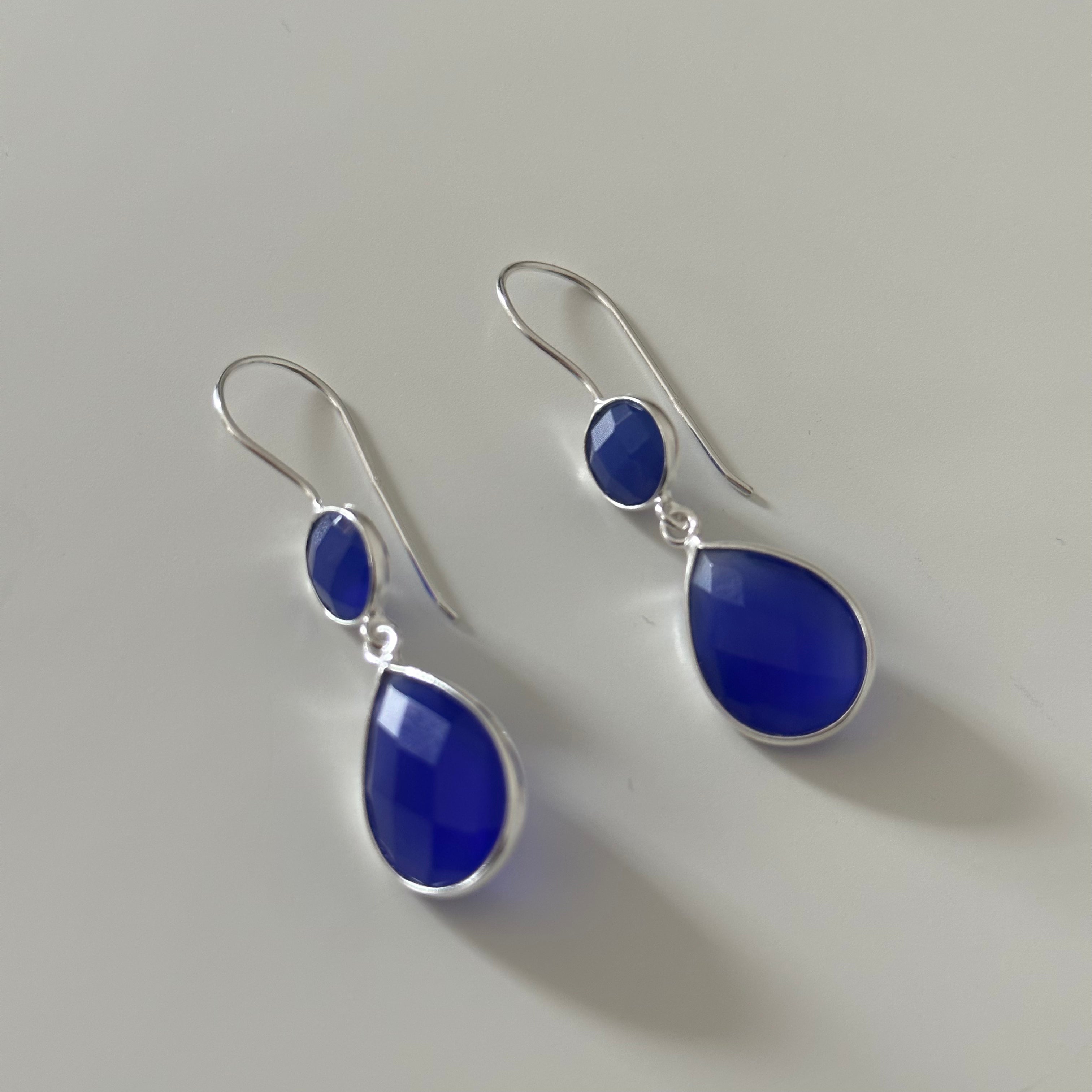 Blue Chalcedony Gemstone Two Stone Earrings in Sterling Silver - Teardrop