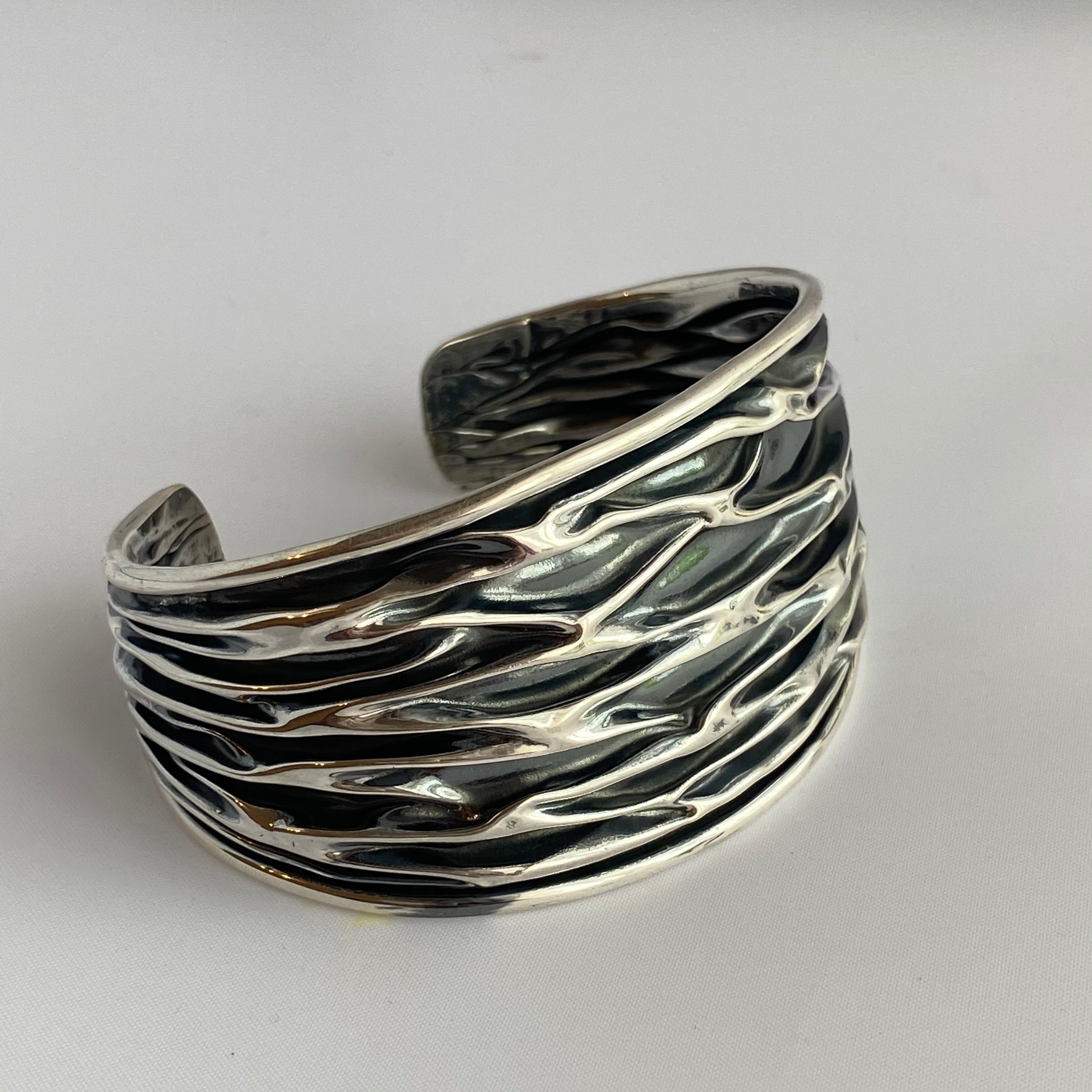 Wide Oxidised Sterling Silver Textured Patterned Cuff