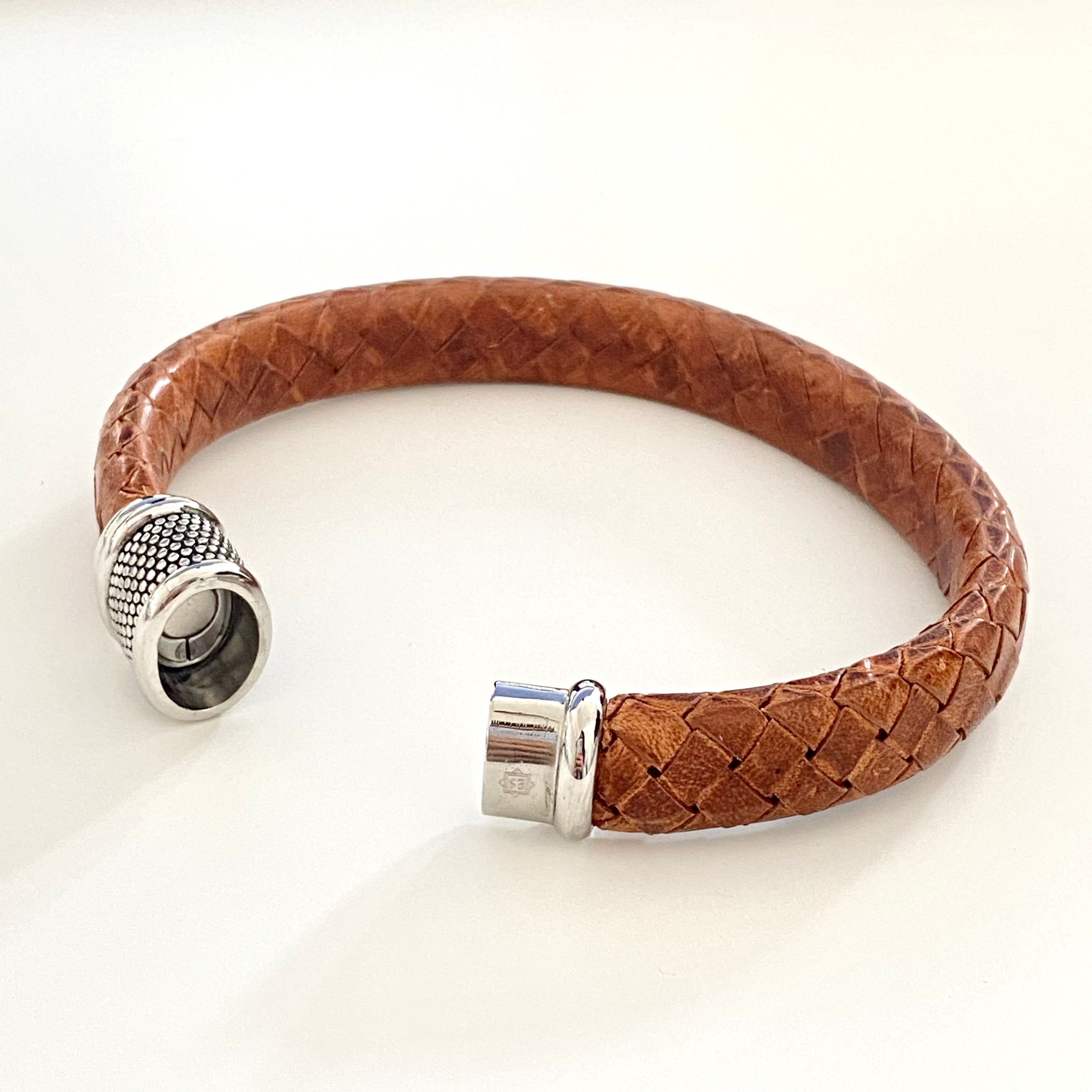 Men's Pure Leather Bracelet with a Brown Plaited Band and a Stainless Steel Clasp