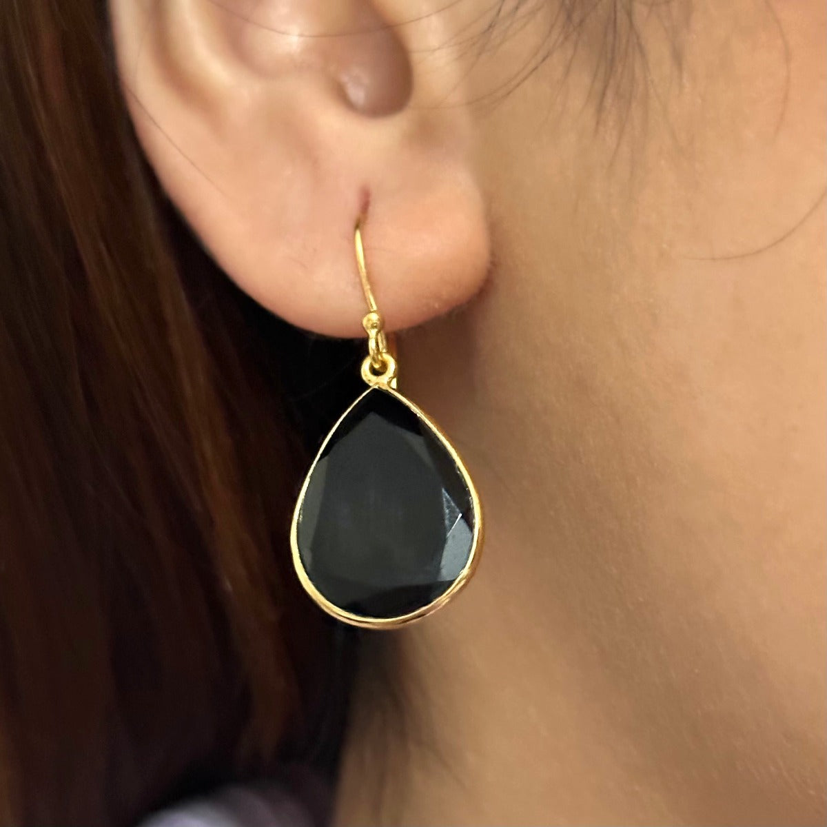 Black Onyx Gold Plated Sterling Silver Earrings with a Tear Drop Shaped Gemstone - Milina London