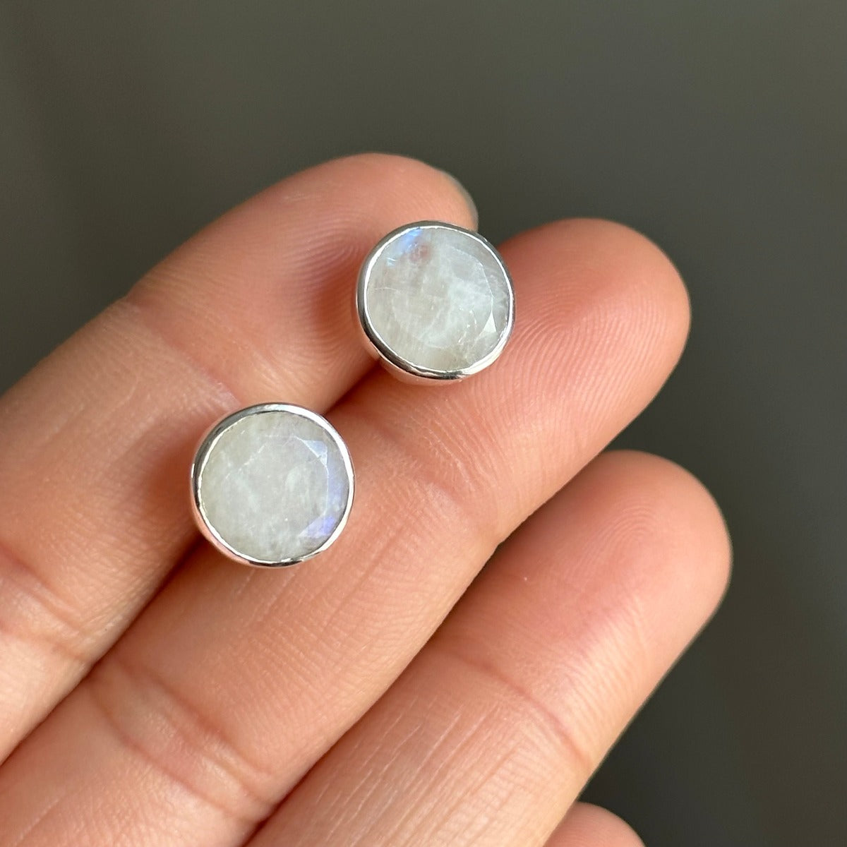 Round Moonstone Studs in Sterling Silver - Milina London