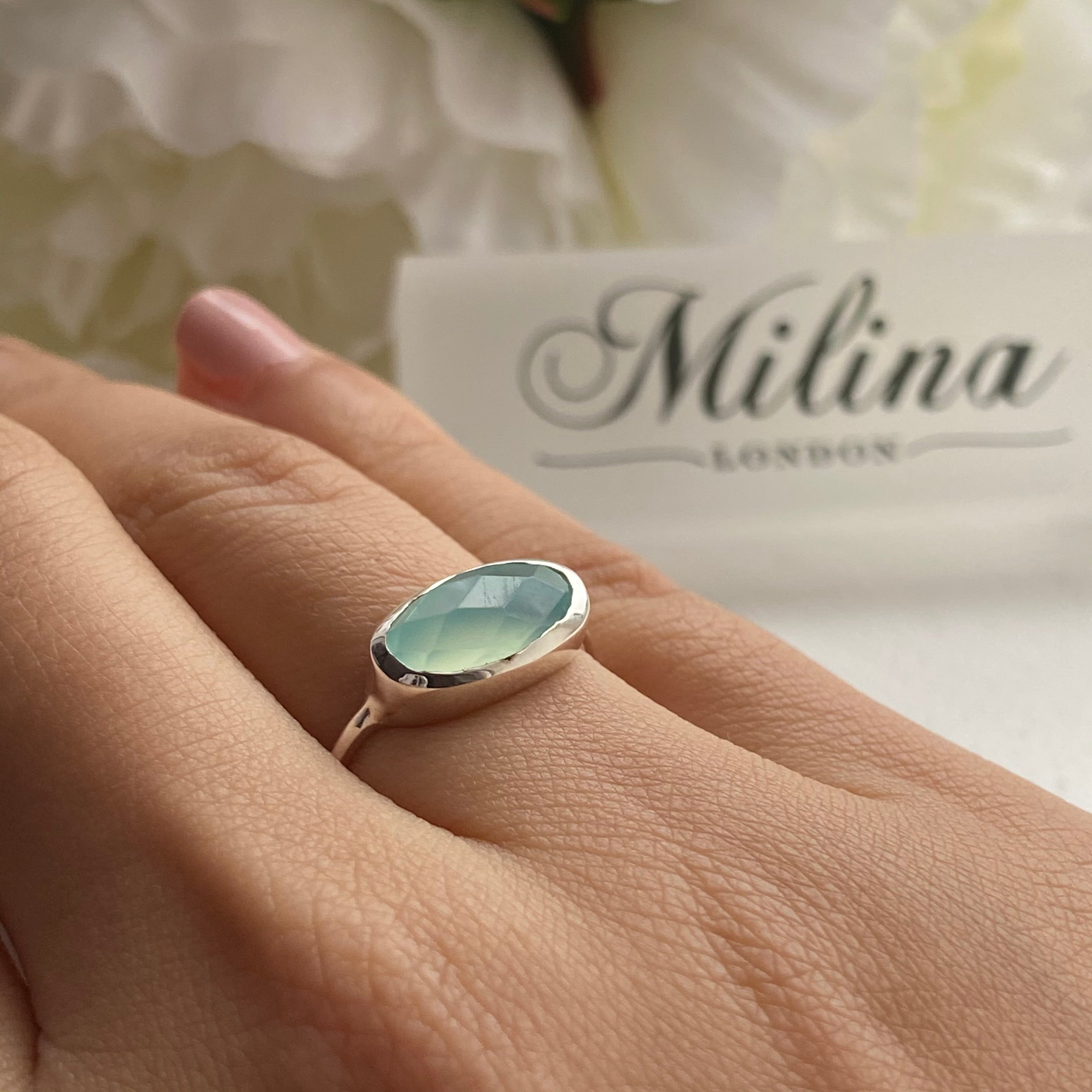 Faceted Oval Cut Natural Gemstone Sterling Silver Fine Band Ring - Aqua Chalcedony