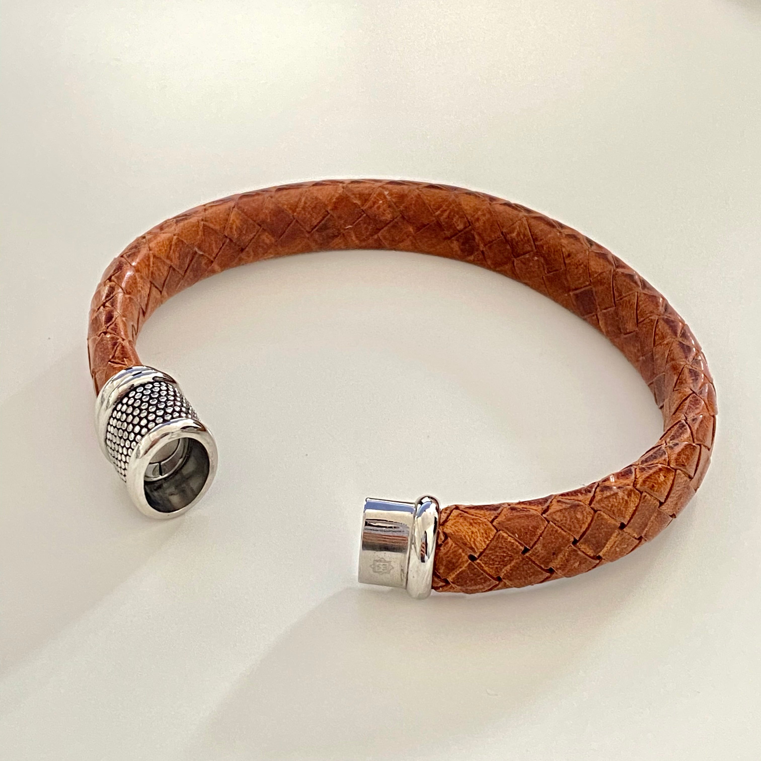 Men's Pure Leather Bracelet with a Brown Plaited Band and a Stainless Steel Clasp